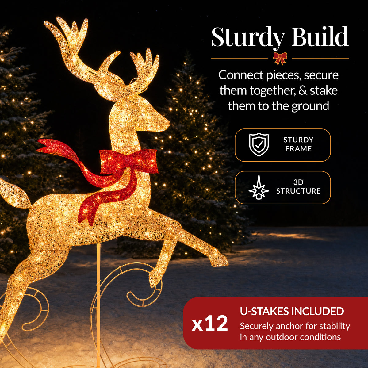 3Pc Lighted 3D 4ft Christmas Galloping Deer Pre-lit Outdoor Reindeer Family