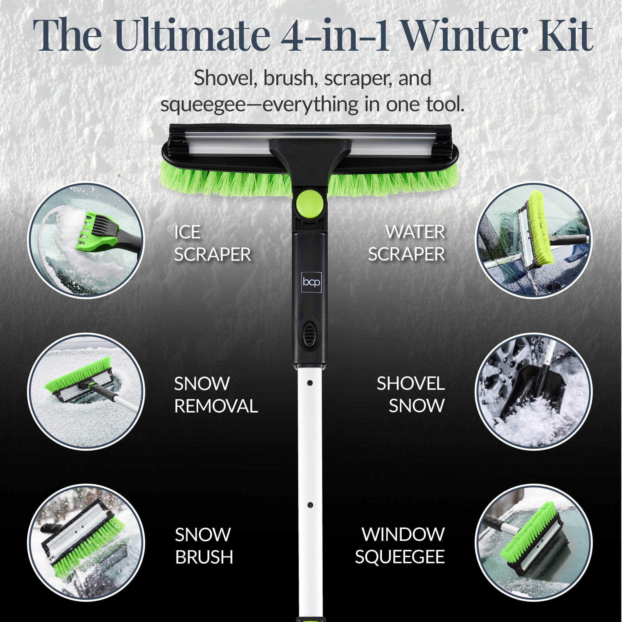 4 in 1 Snow Brush with Shovel, Ice Scraper & Squeegee w/Storage Bag