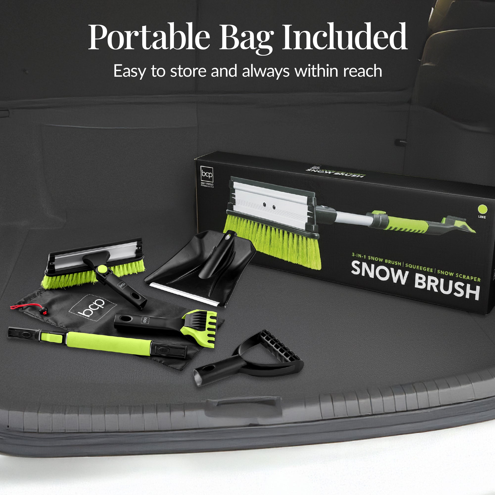 4 in 1 Snow Brush with Shovel, Ice Scraper & Squeegee w/Storage Bag