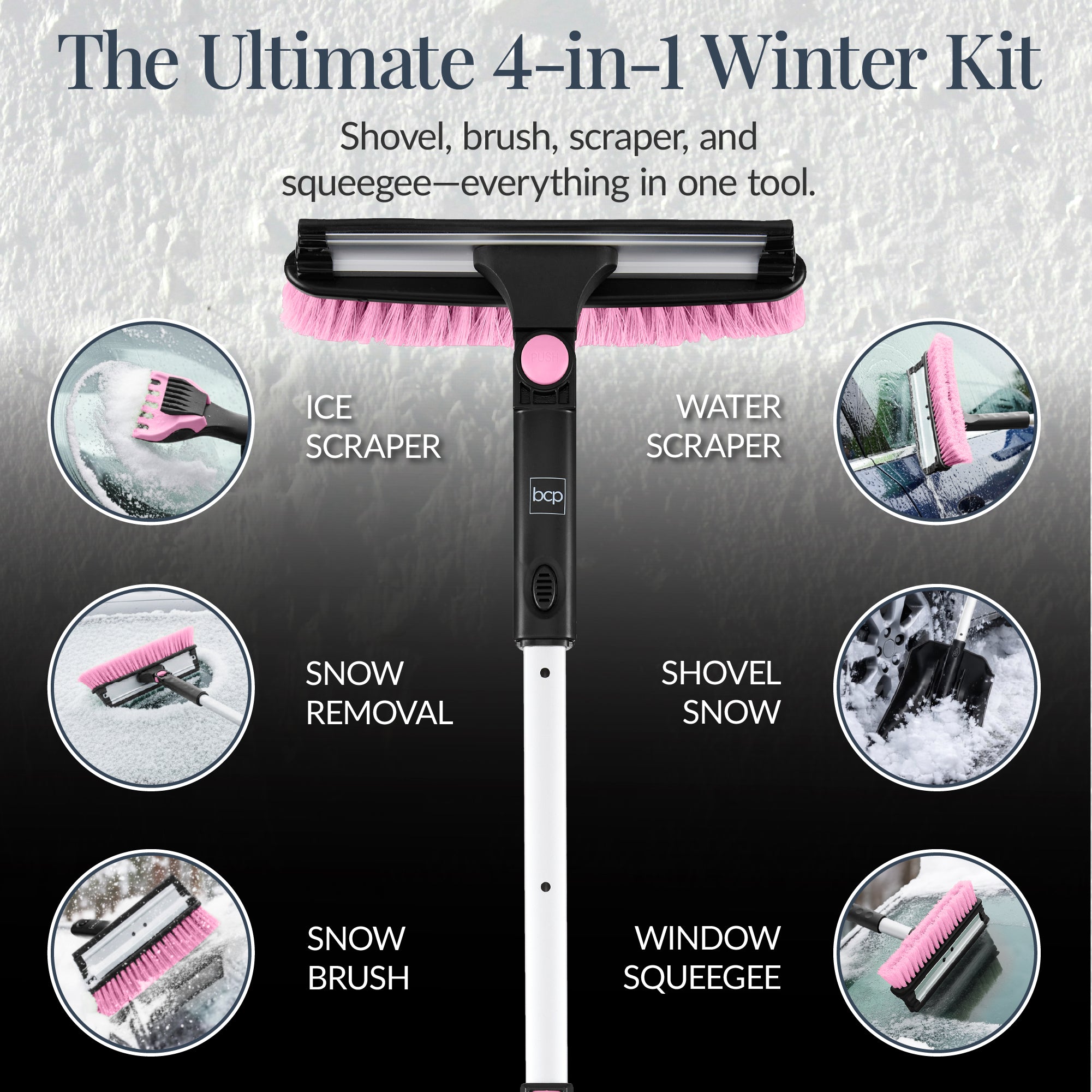 4 in 1 Snow Brush with Shovel, Ice Scraper & Squeegee w/Storage Bag