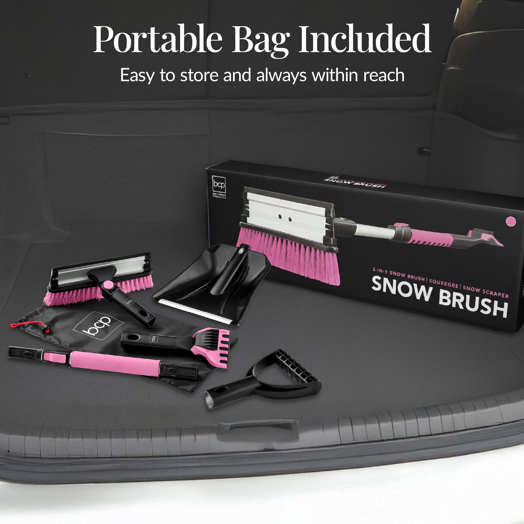4 in 1 Snow Brush with Shovel, Ice Scraper & Squeegee w/Storage Bag