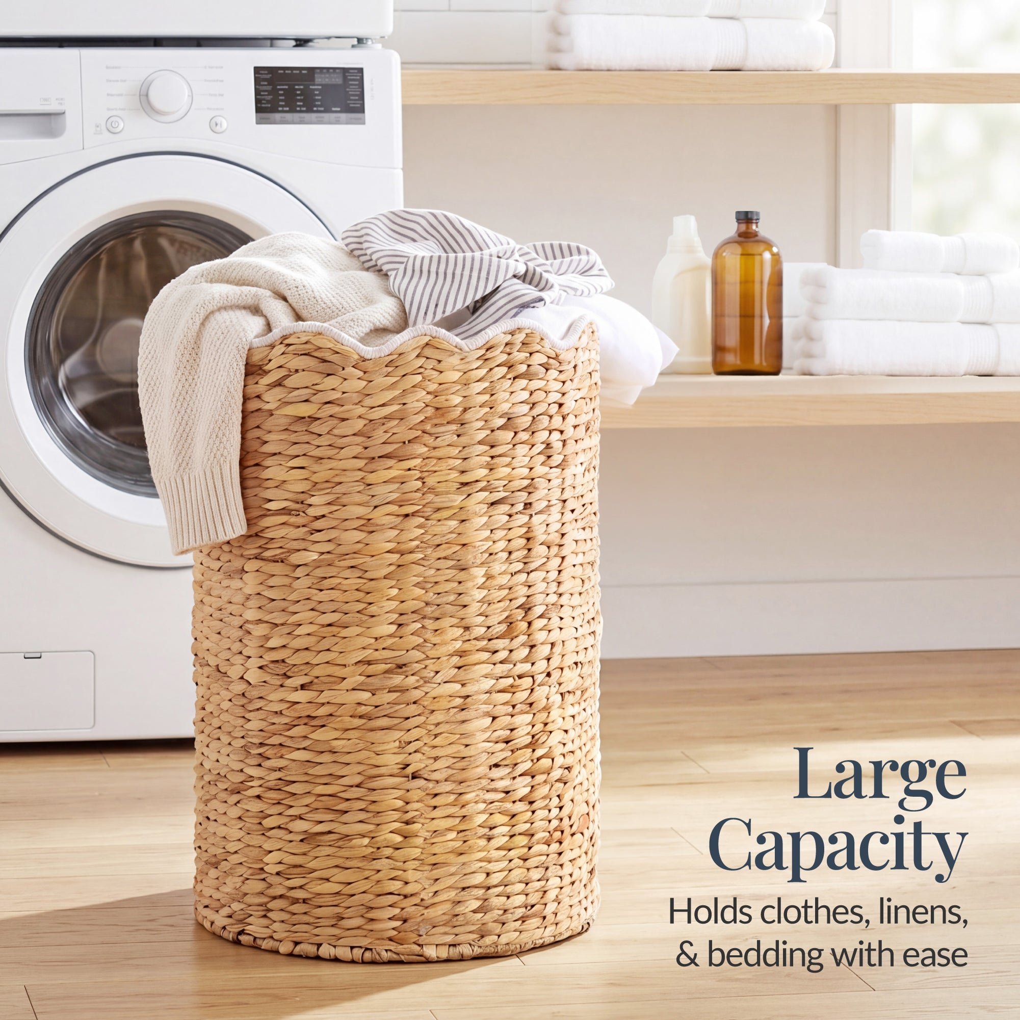Scalloped Large Round Laundry Hamper, Handwoven Laundry Basket