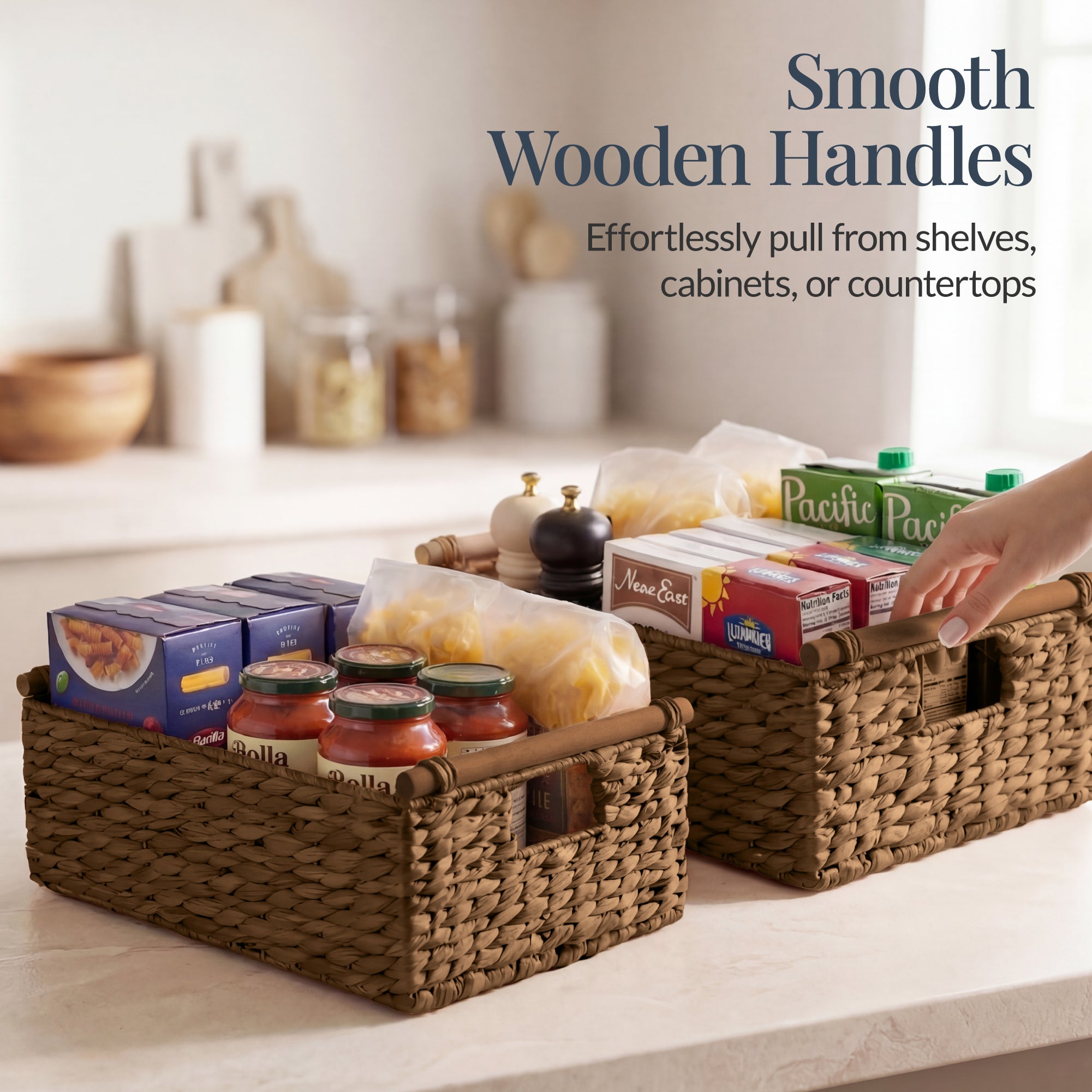 Wicker Storage Basket,  Shelf Basket w/ Wooden Handles