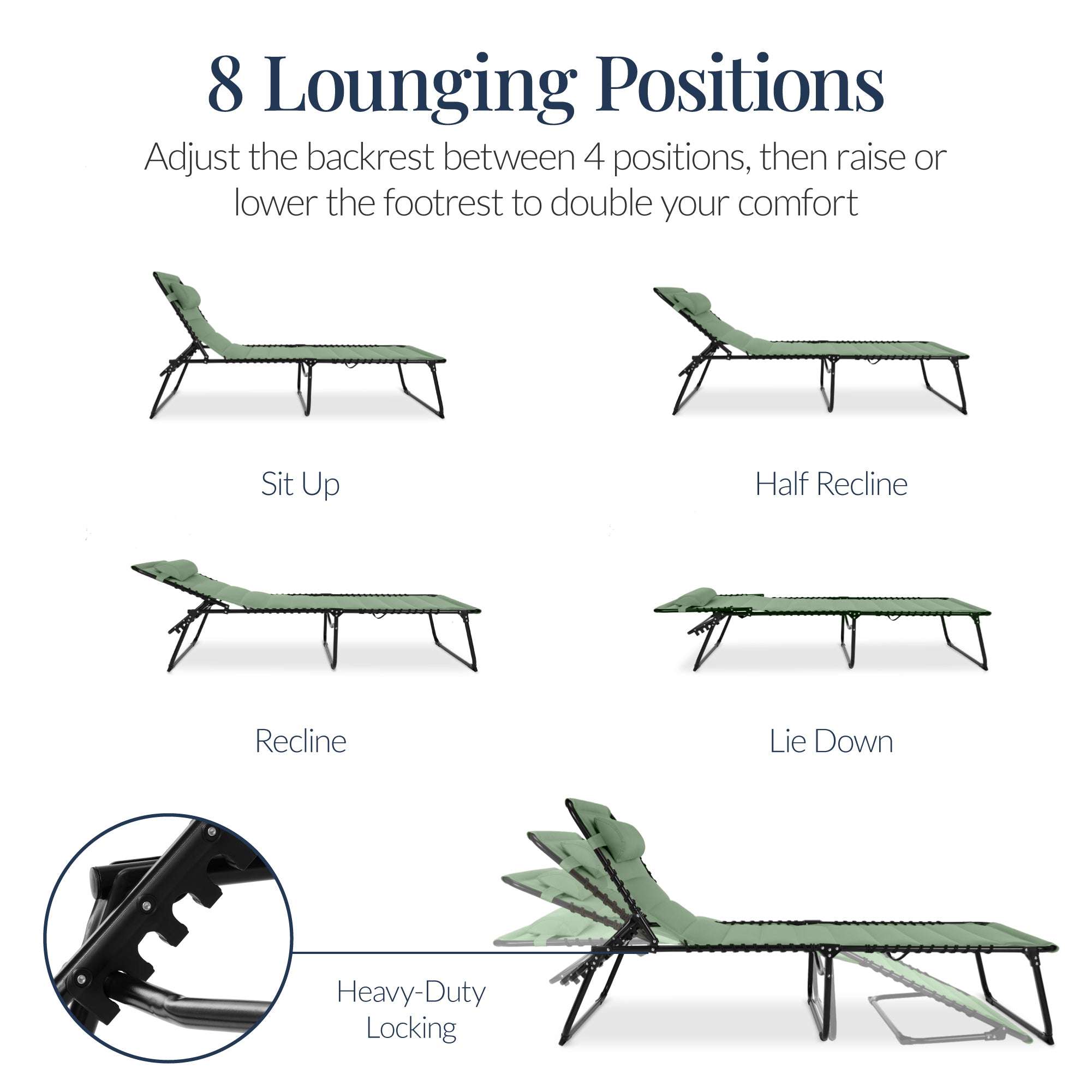 Extra Wide Padded Patio Chaise Lounge Chair, Portable Recliner 8 Positions