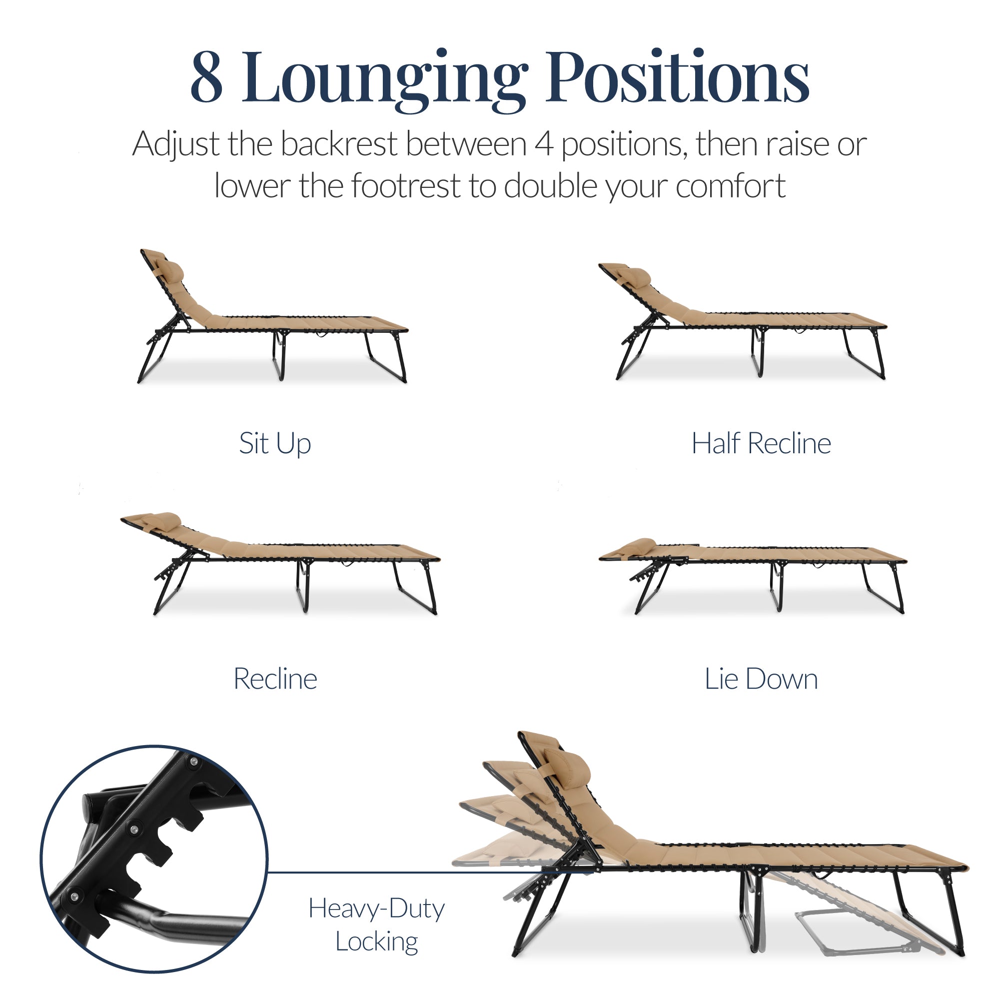 Extra Wide Padded Patio Chaise Lounge Chair, Portable Recliner 8 Positions