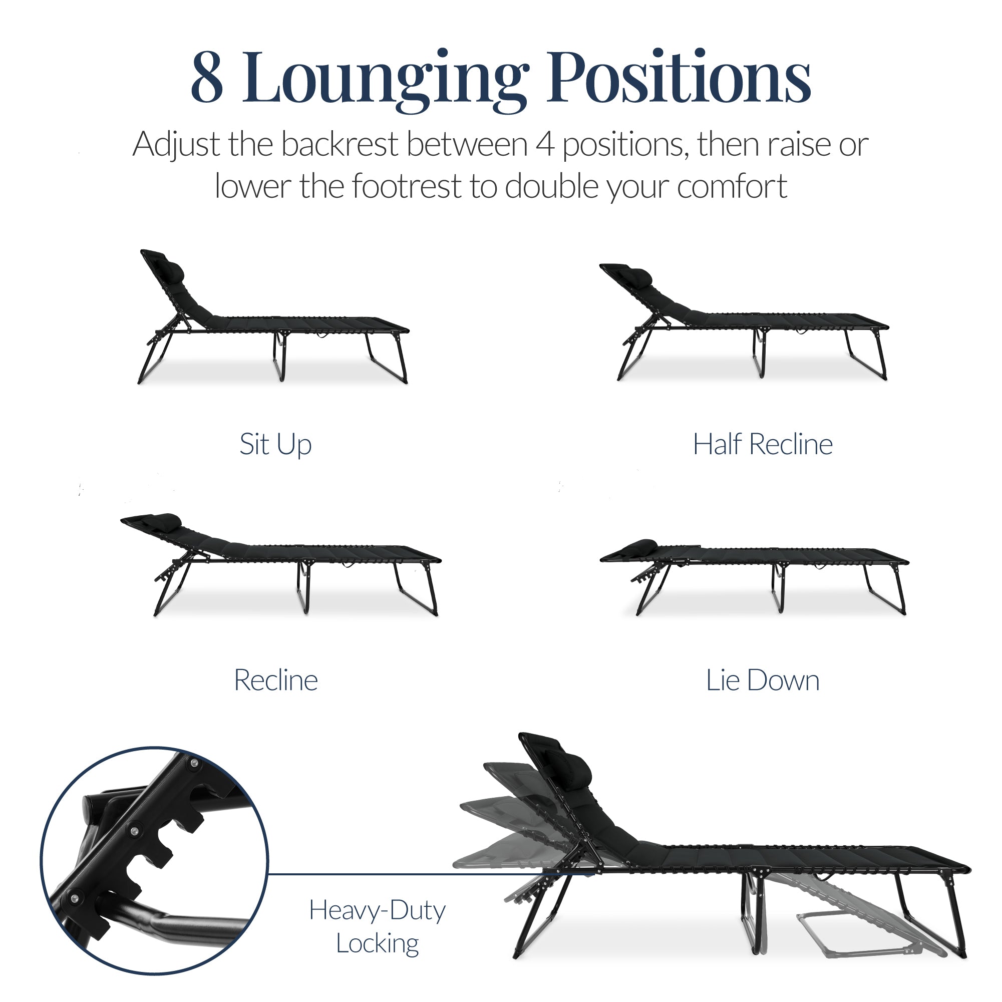 Extra Wide Padded Patio Chaise Lounge Chair, Portable Recliner 8 Positions