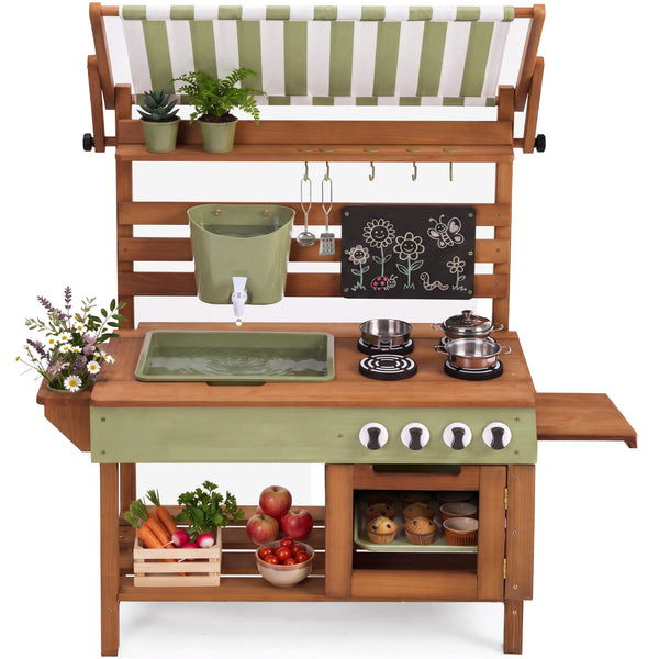 Deluxe Wooden Outdoor Mud Kitchen w/ Canopy, Sink, Faucet & 14pc