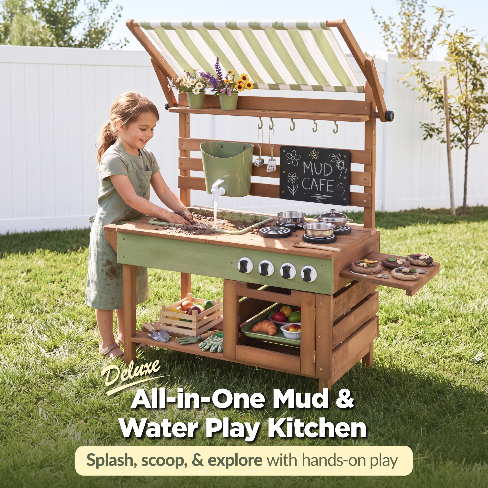 Deluxe Wooden Outdoor Mud Kitchen w/ Canopy, Sink, Faucet & 14pc