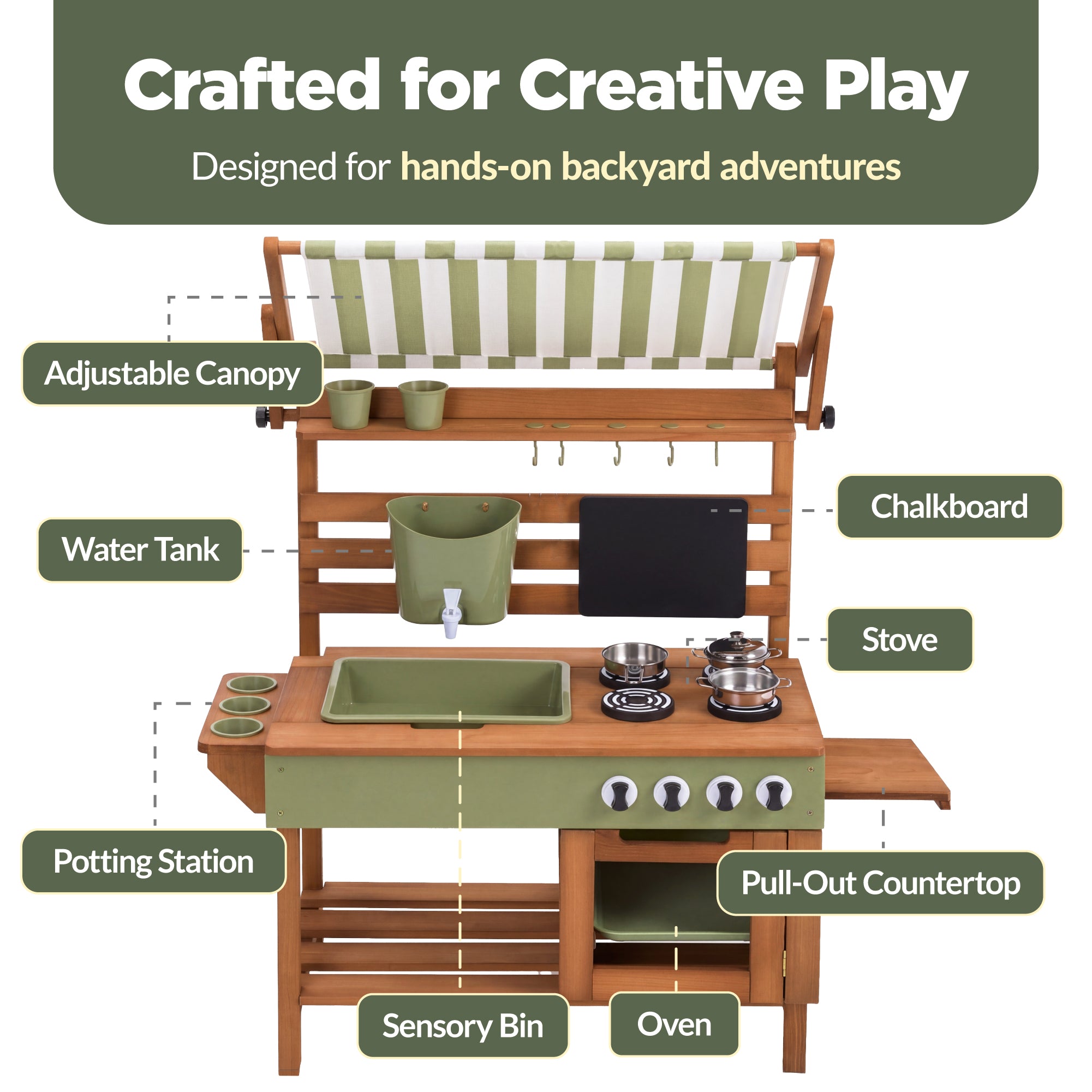 Deluxe Wooden Outdoor Mud Kitchen w/ Canopy, Sink, Faucet & 14pc