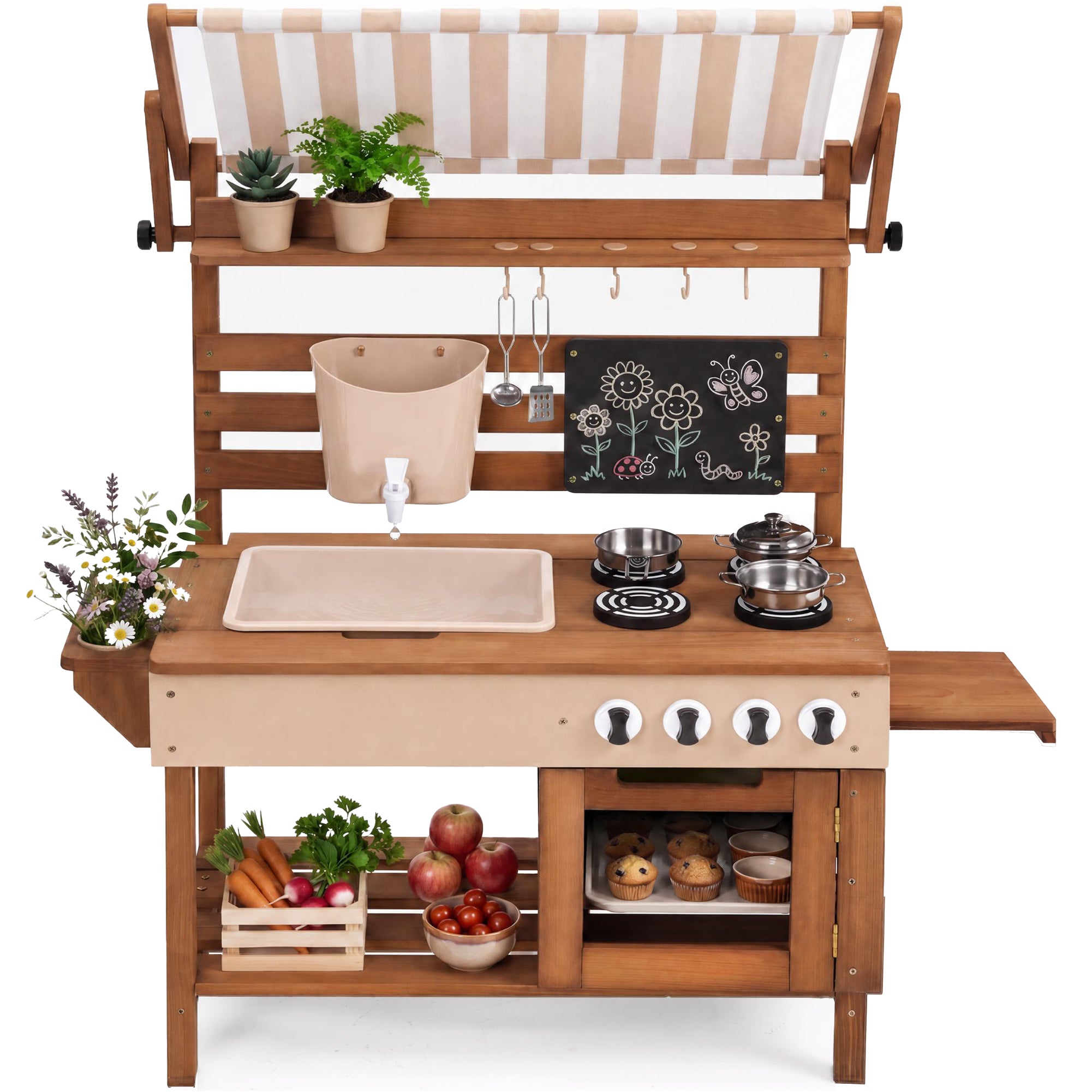 Deluxe Wooden Outdoor Mud Kitchen w/ Canopy, Sink, Faucet & 14pc