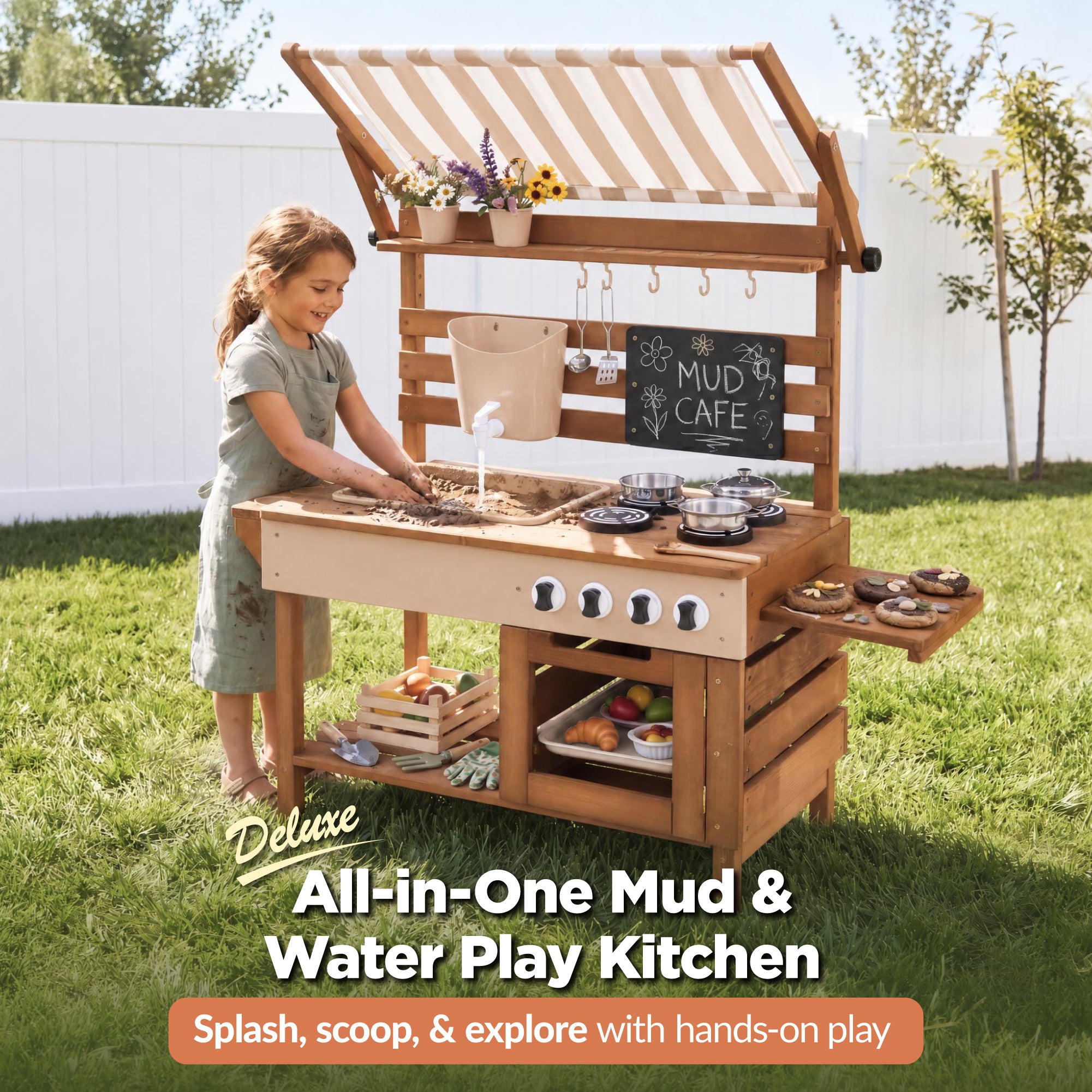 Deluxe Wooden Outdoor Mud Kitchen w/ Canopy, Sink, Faucet & 14pc