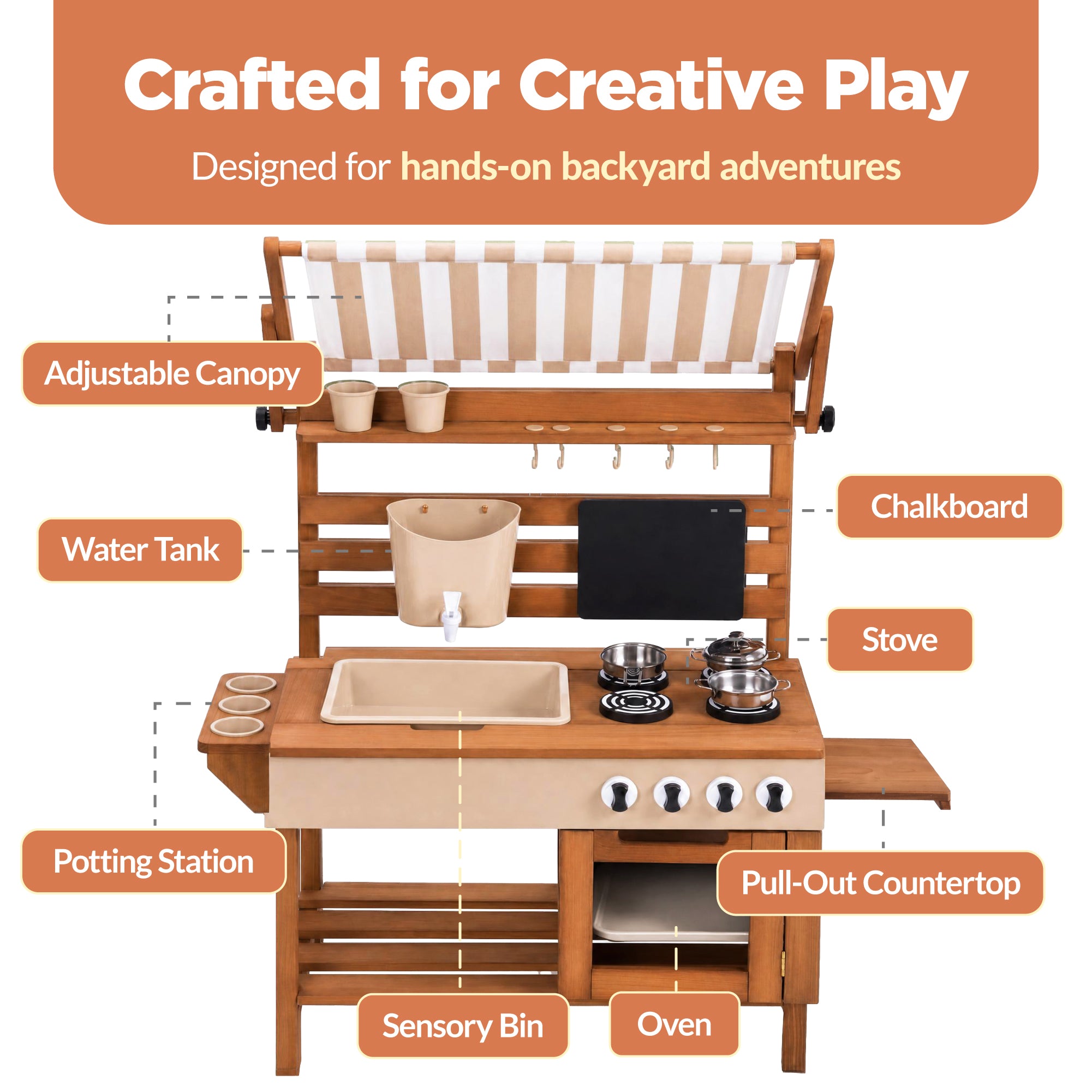 Deluxe Wooden Outdoor Mud Kitchen w/ Canopy, Sink, Faucet & 14pc