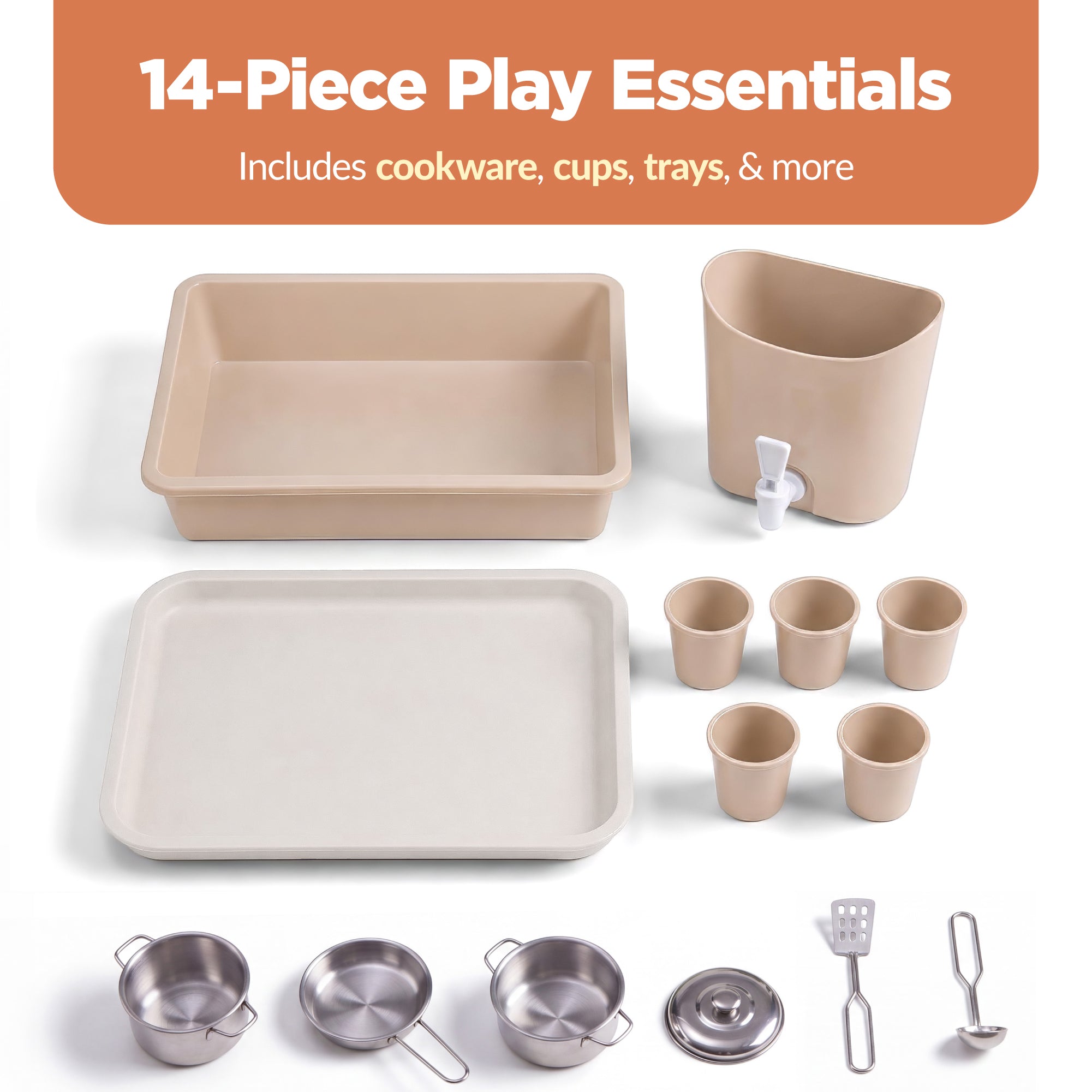 Deluxe Wooden Outdoor Mud Kitchen w/ Canopy, Sink, Faucet & 14pc