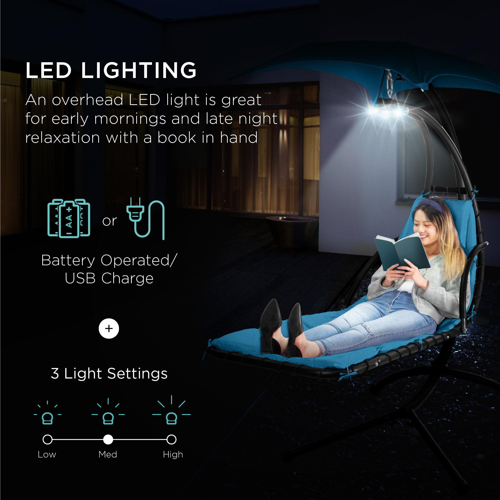 Hanging LED-Lit Curved Chaise Lounge Chair w/ Pillow, Canopy, Stand