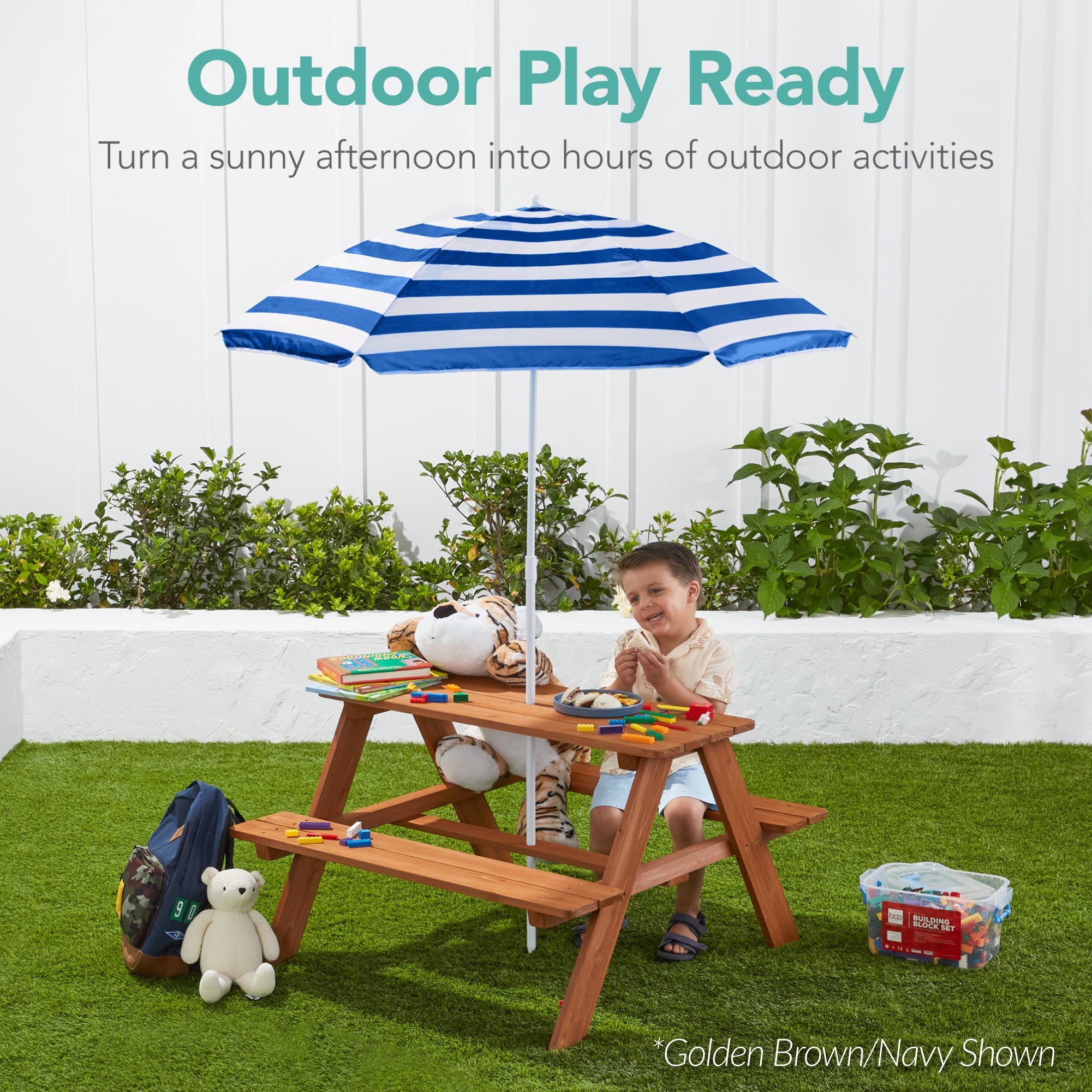 Kids Wooden Outdoor Picnic Table w/ Adjustable Umbrella, Built-In Seats