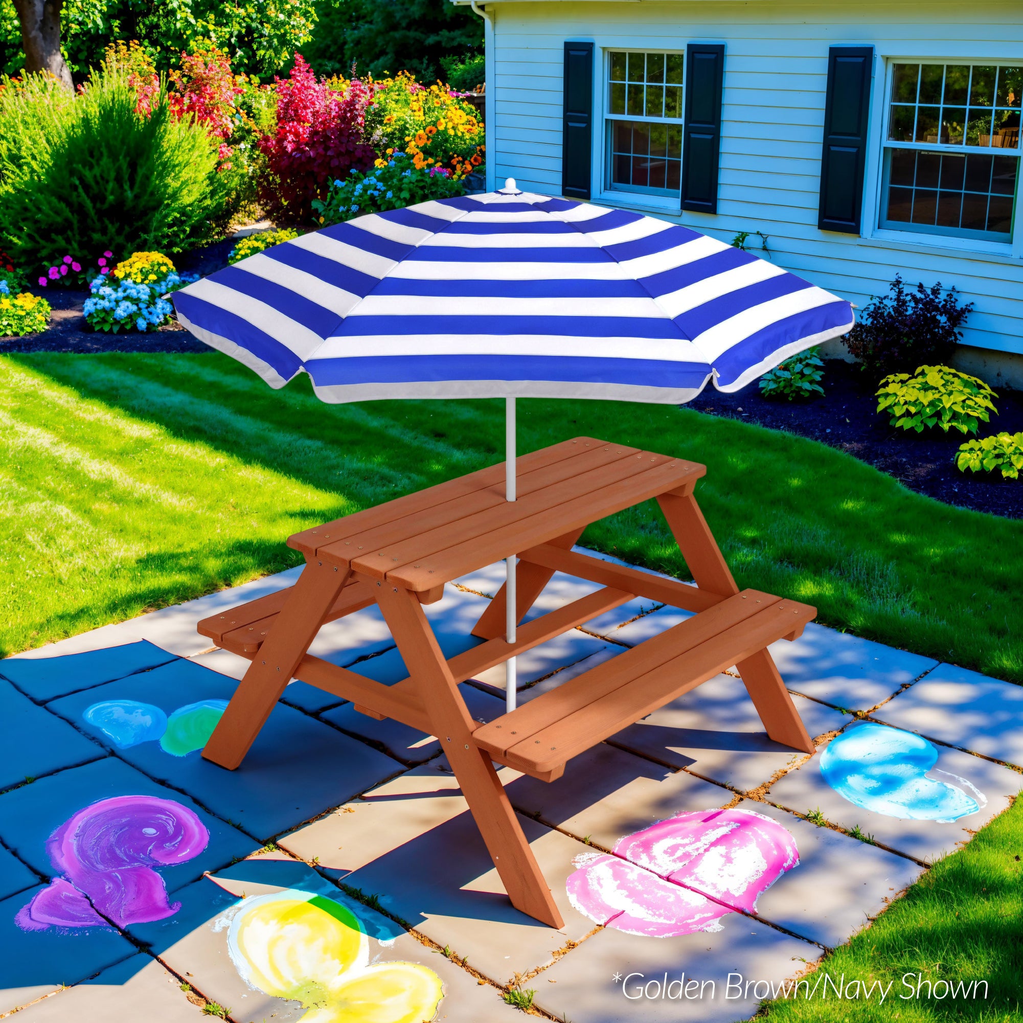 Kids Wooden Outdoor Picnic Table w/ Adjustable Umbrella, Built-In Seats