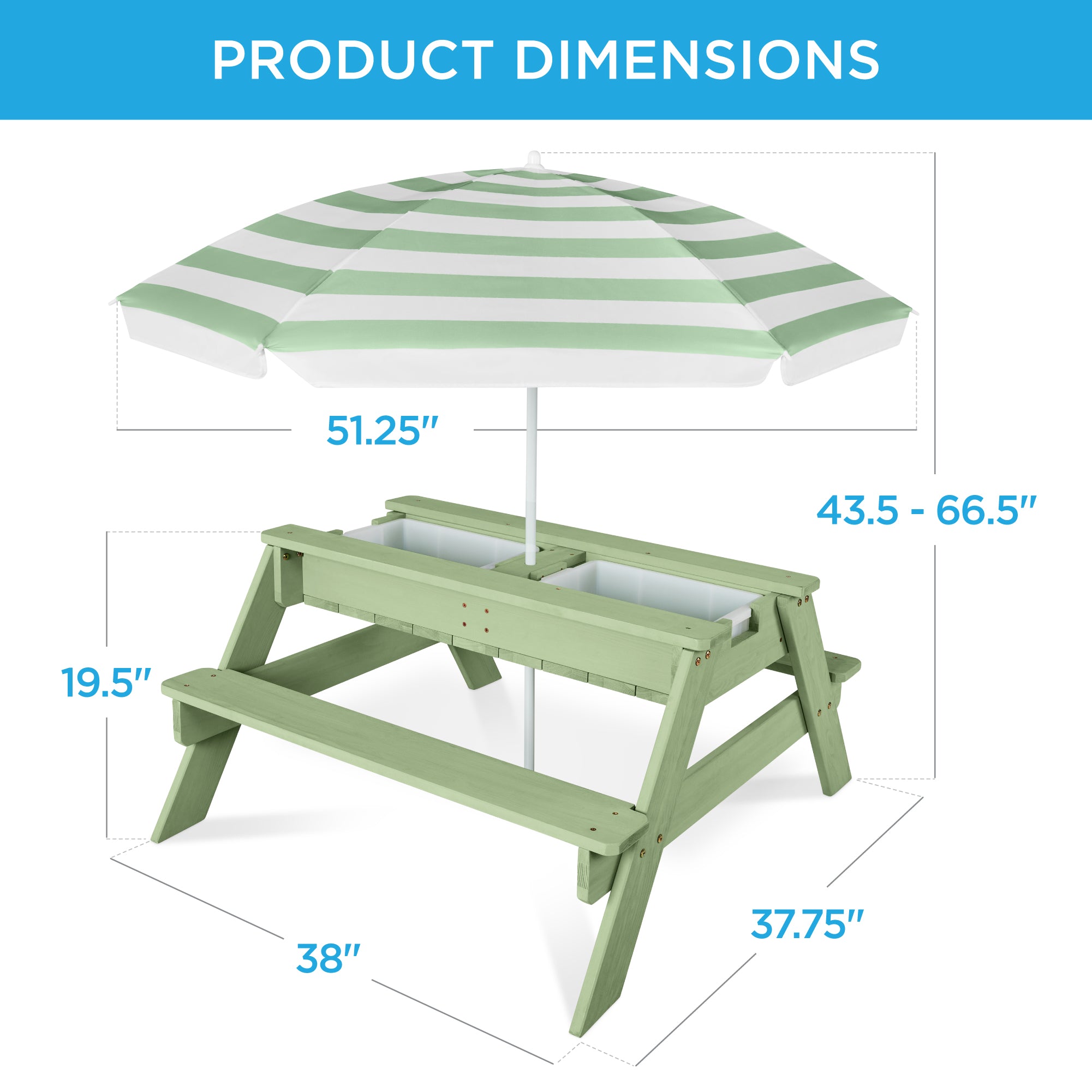 3-in-1 Kids Sand & Water Table Outdoor Wood Picnic Table w/ Umbrella