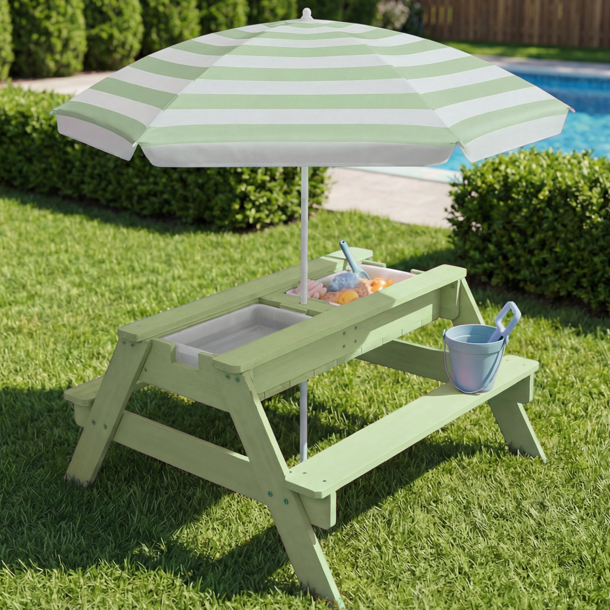3-in-1 Kids Sand & Water Table Outdoor Wood Picnic Table w/ Umbrella