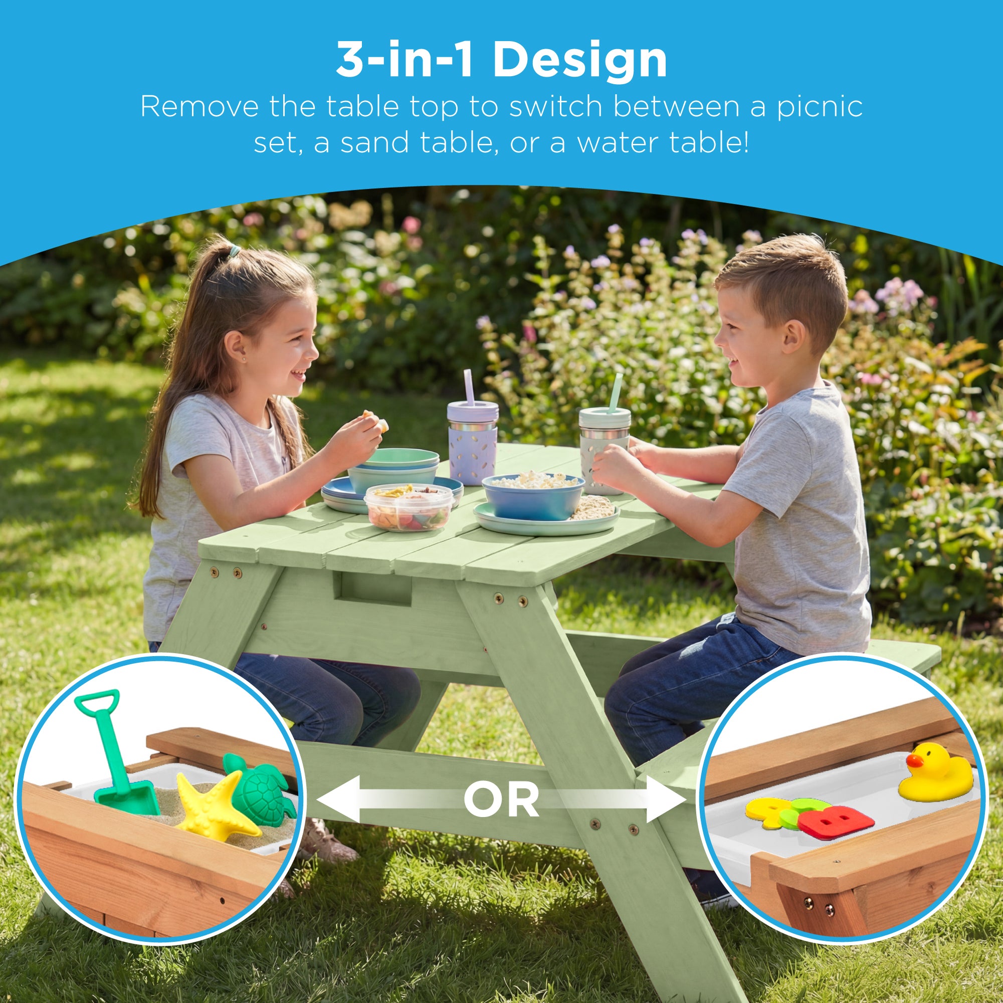 3-in-1 Kids Sand & Water Table Outdoor Wood Picnic Table w/ Umbrella