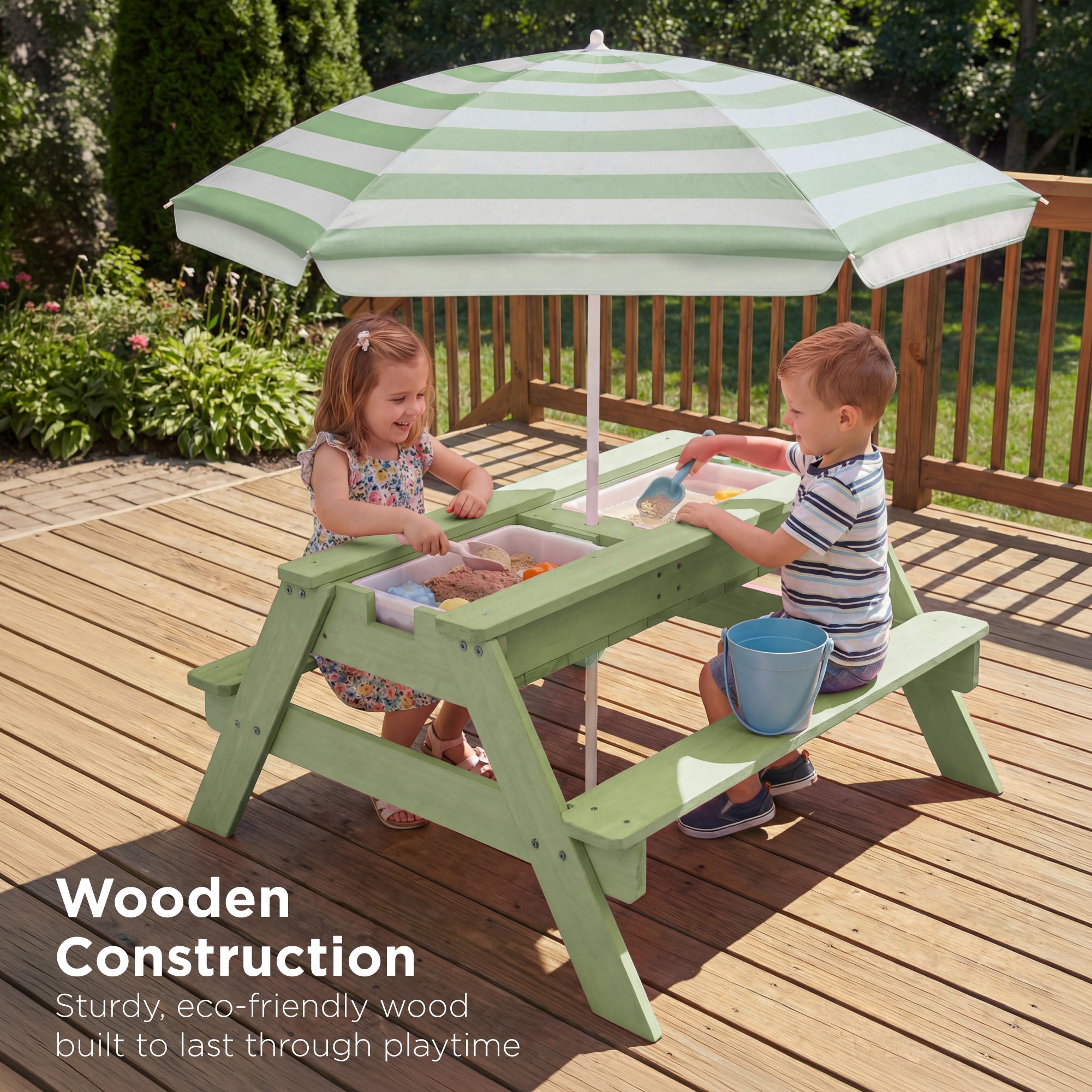 3-in-1 Kids Sand & Water Table Outdoor Wood Picnic Table w/ Umbrella