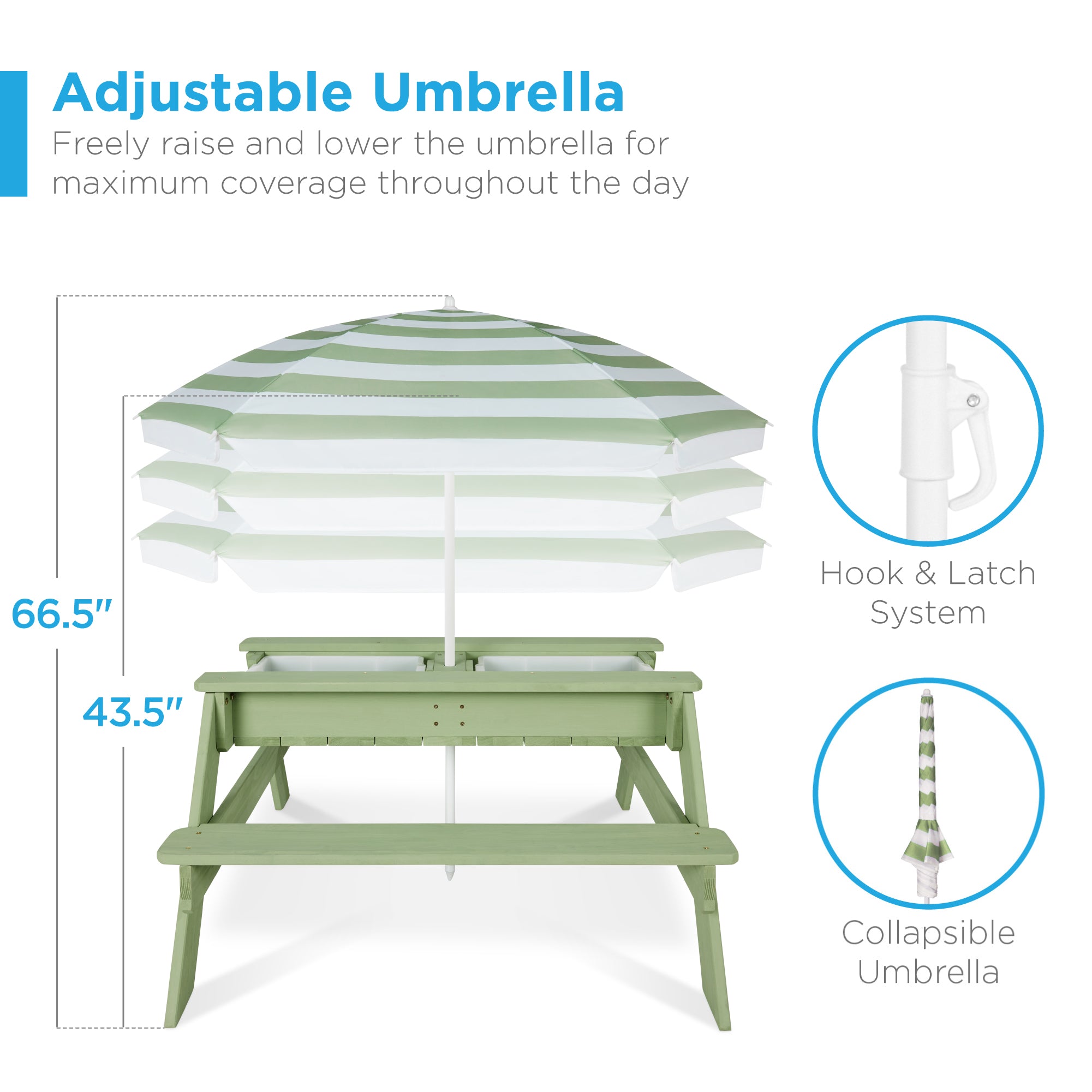 3-in-1 Kids Sand & Water Table Outdoor Wood Picnic Table w/ Umbrella