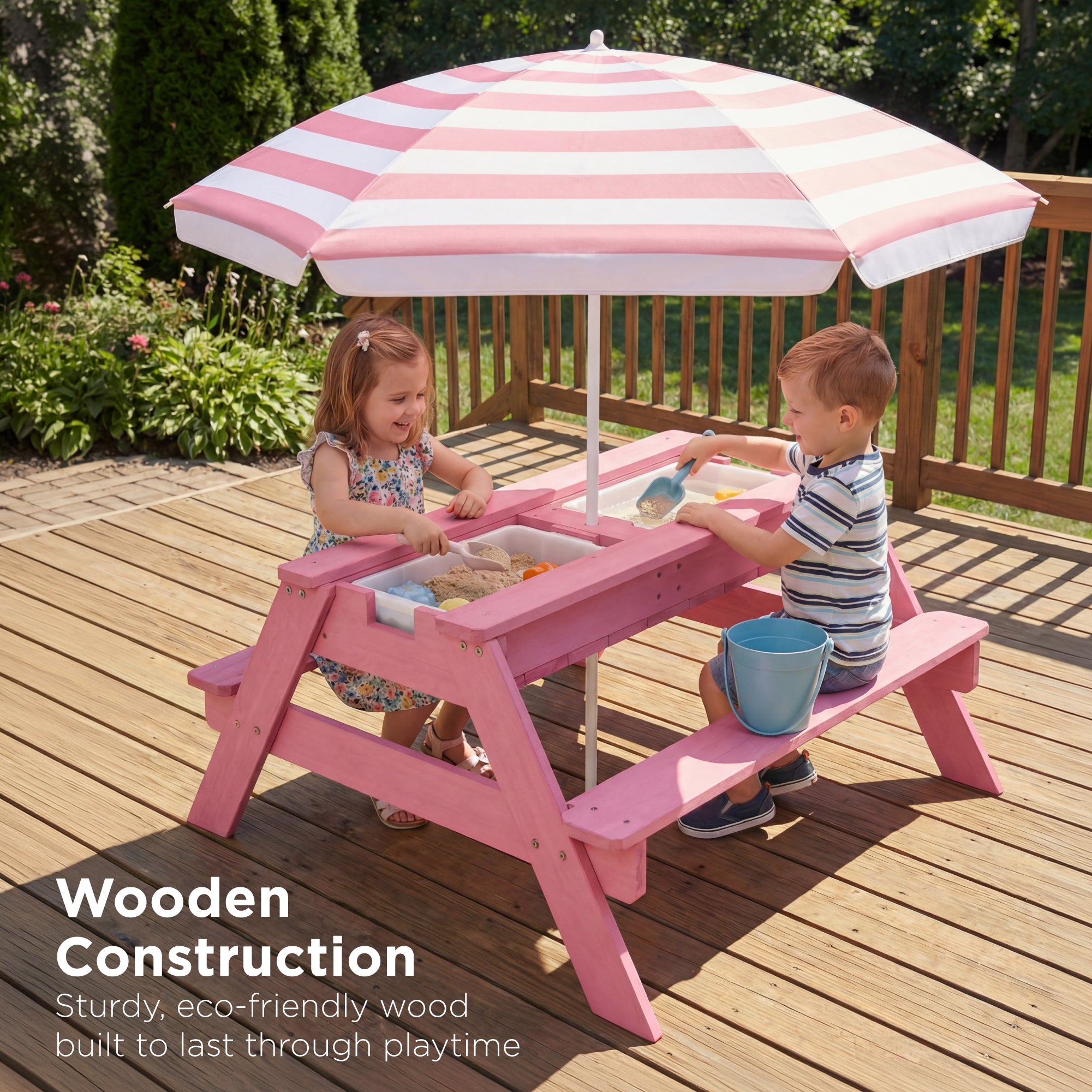 3-in-1 Kids Sand & Water Table Outdoor Wood Picnic Table w/ Umbrella