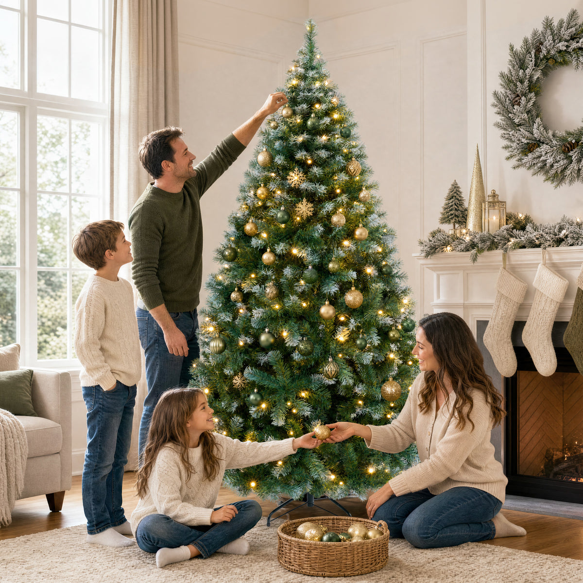 Pre-Lit Christmas Tree Frosted Artificial, White Lights, Frosted Green