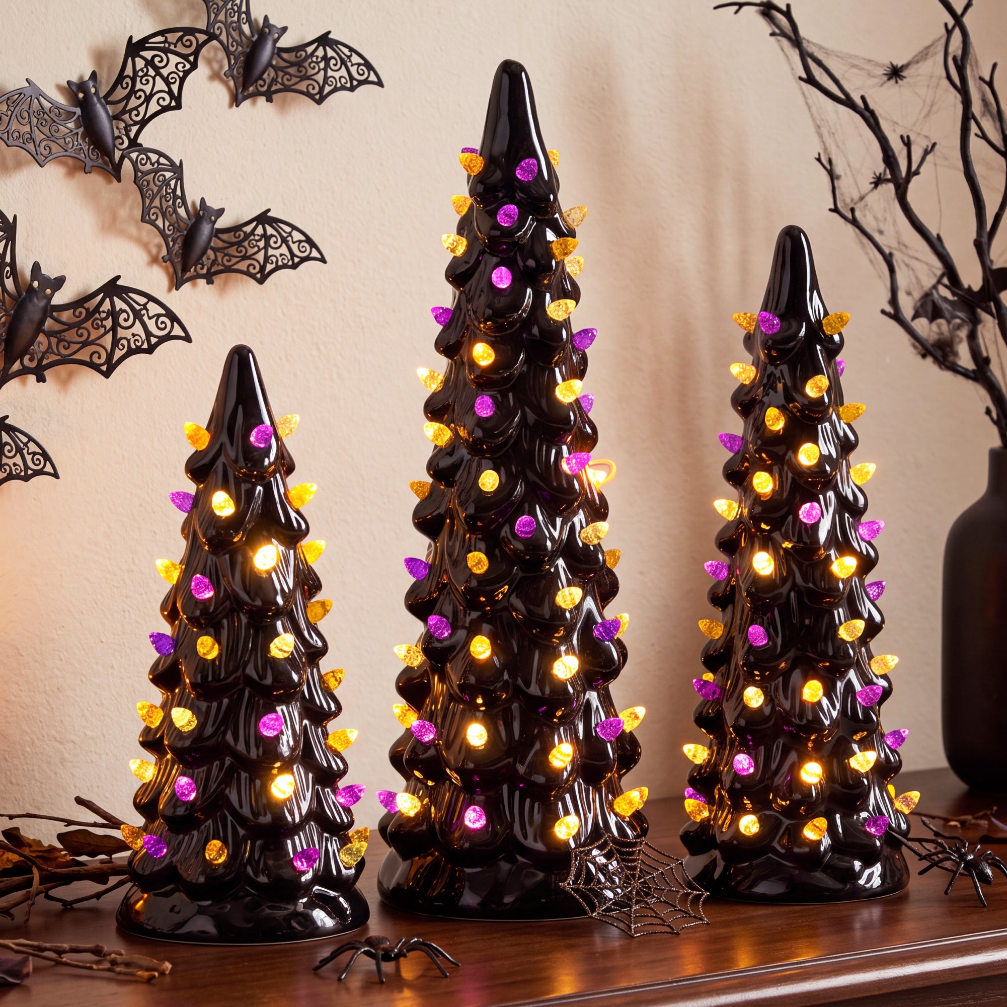 3Pc Ceramic Halloween Trees, Pre-Lit Pencil Tabletop Decoration LEDs
