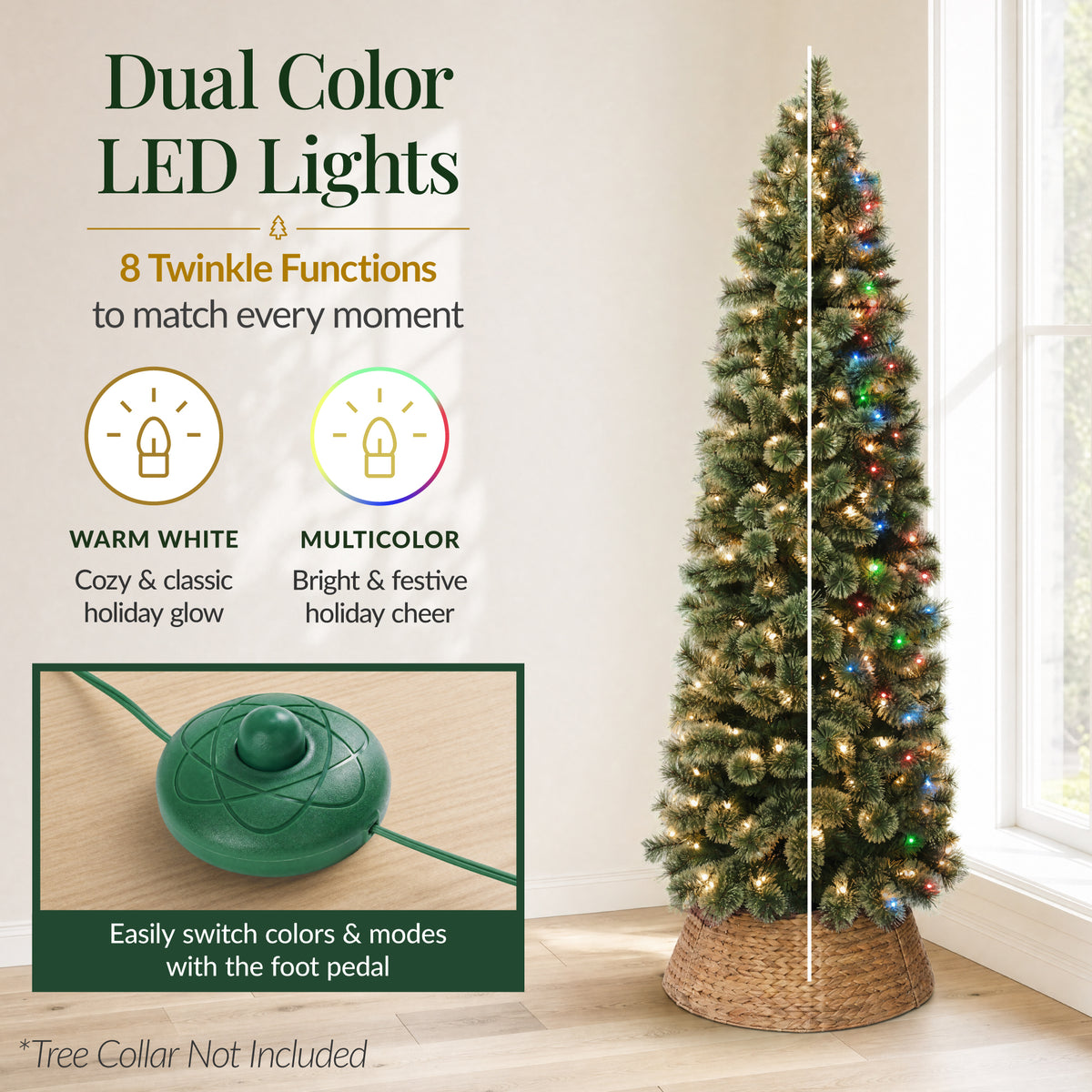 Pencil Cashmere Christmas Tree PreLit Decor Twinkling 2-in-1 LED Lights
