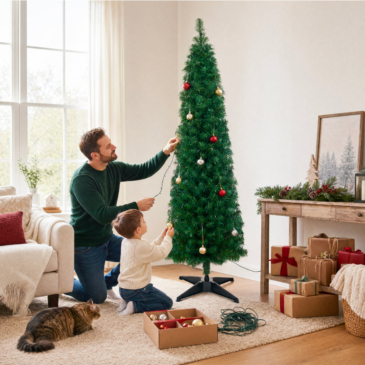 Artificial Christmas Tree, Slim Unlit Spruce Realistic w/ Base