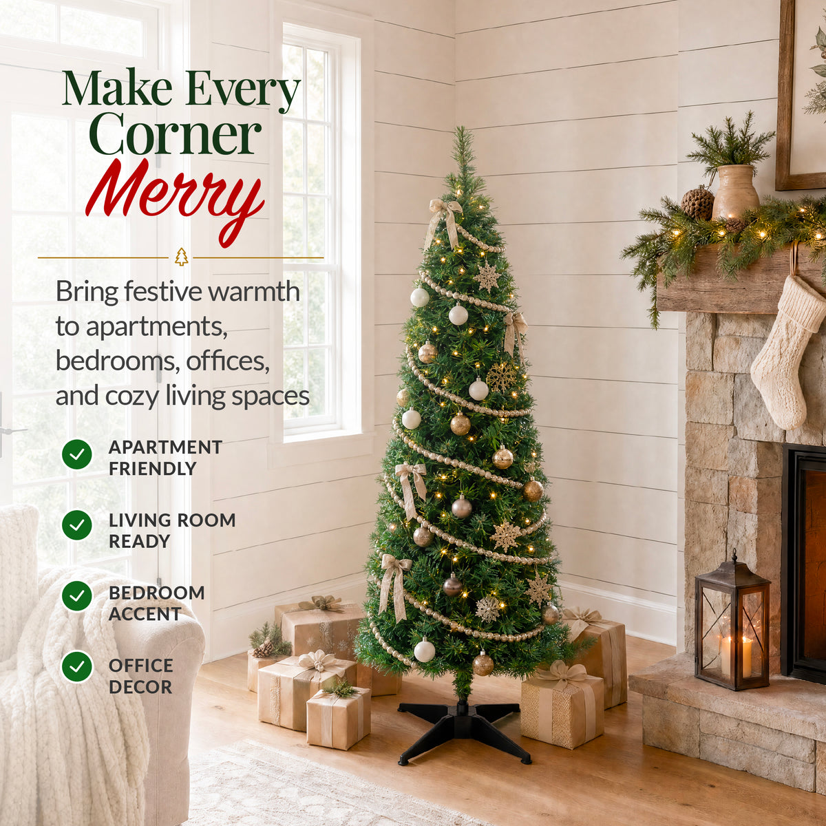Artificial Christmas Tree, Slim Unlit Spruce Realistic w/ Base