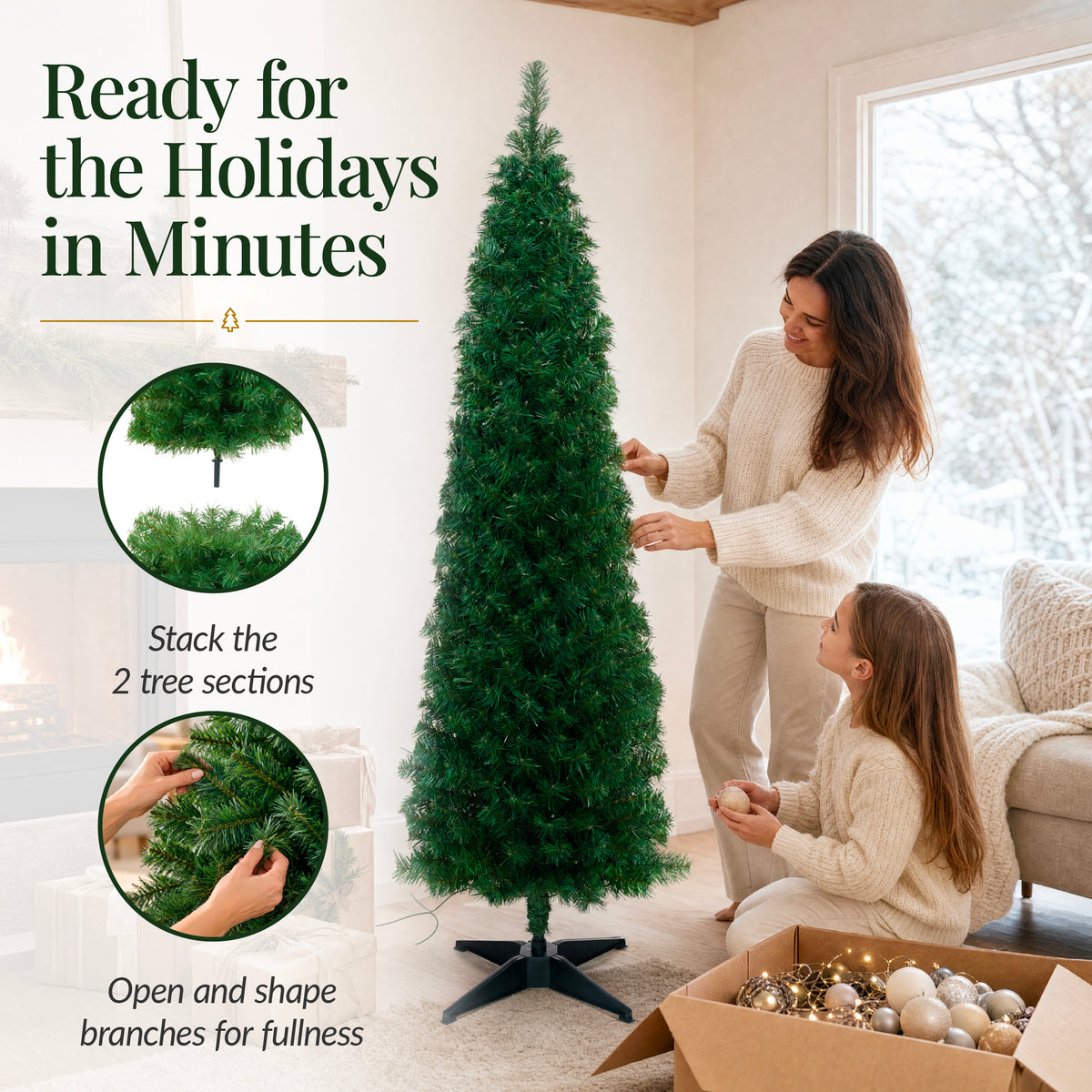 Artificial Christmas Tree, Slim Unlit Spruce Realistic w/ Base