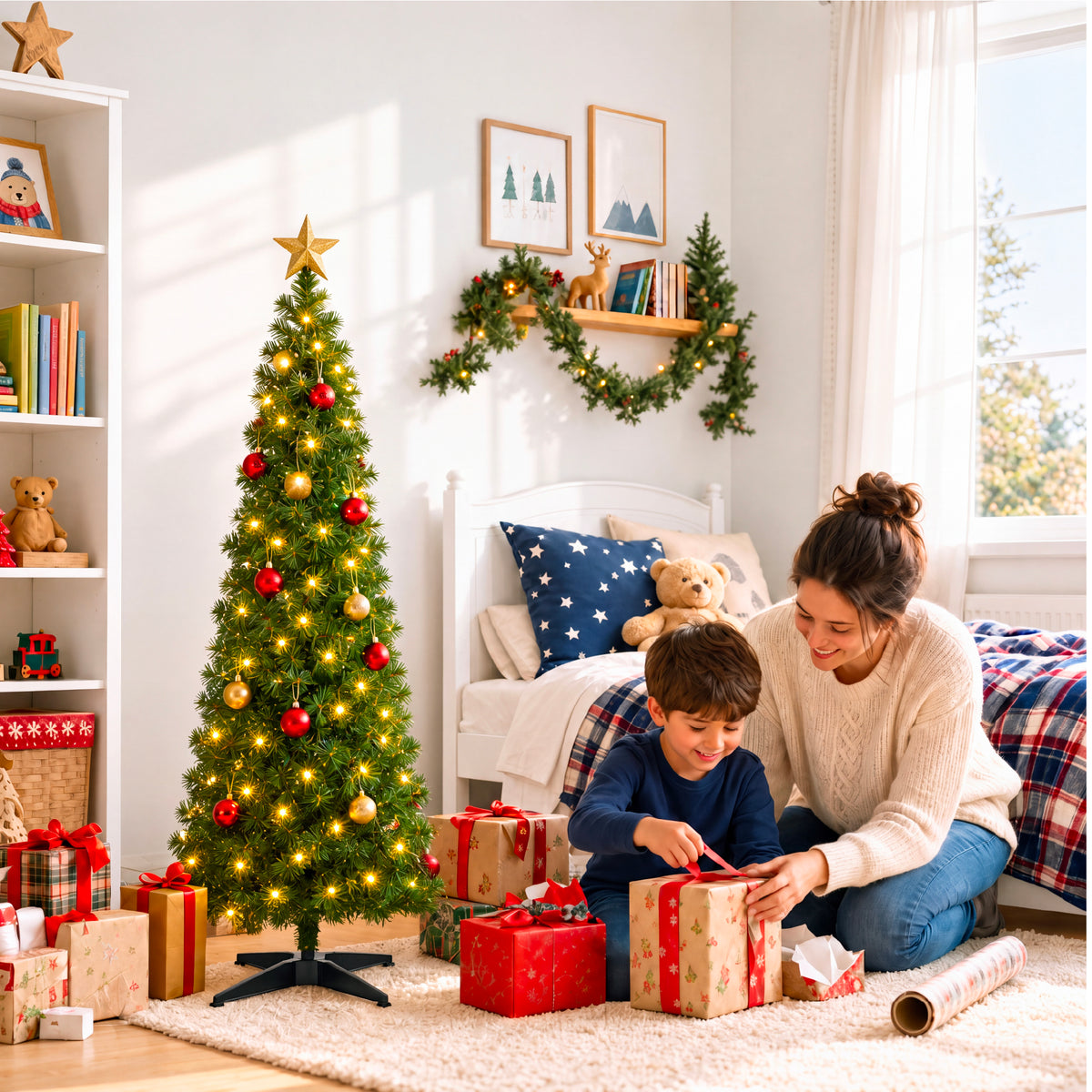 Artificial Christmas Tree, Slim Unlit Spruce Realistic w/ Base