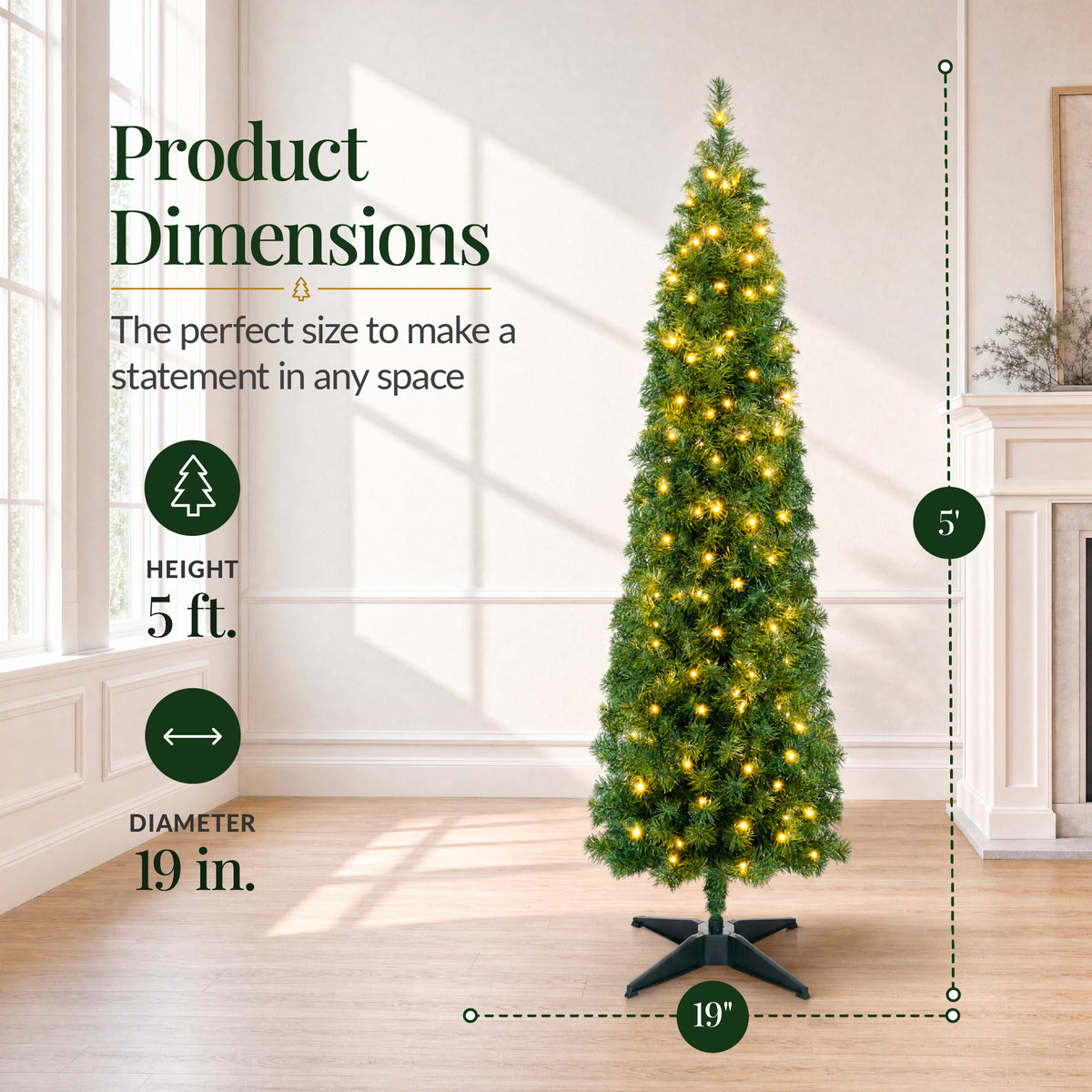 Artificial Christmas Tree, Slim Pre-lit Spruce Realistic w/ Base