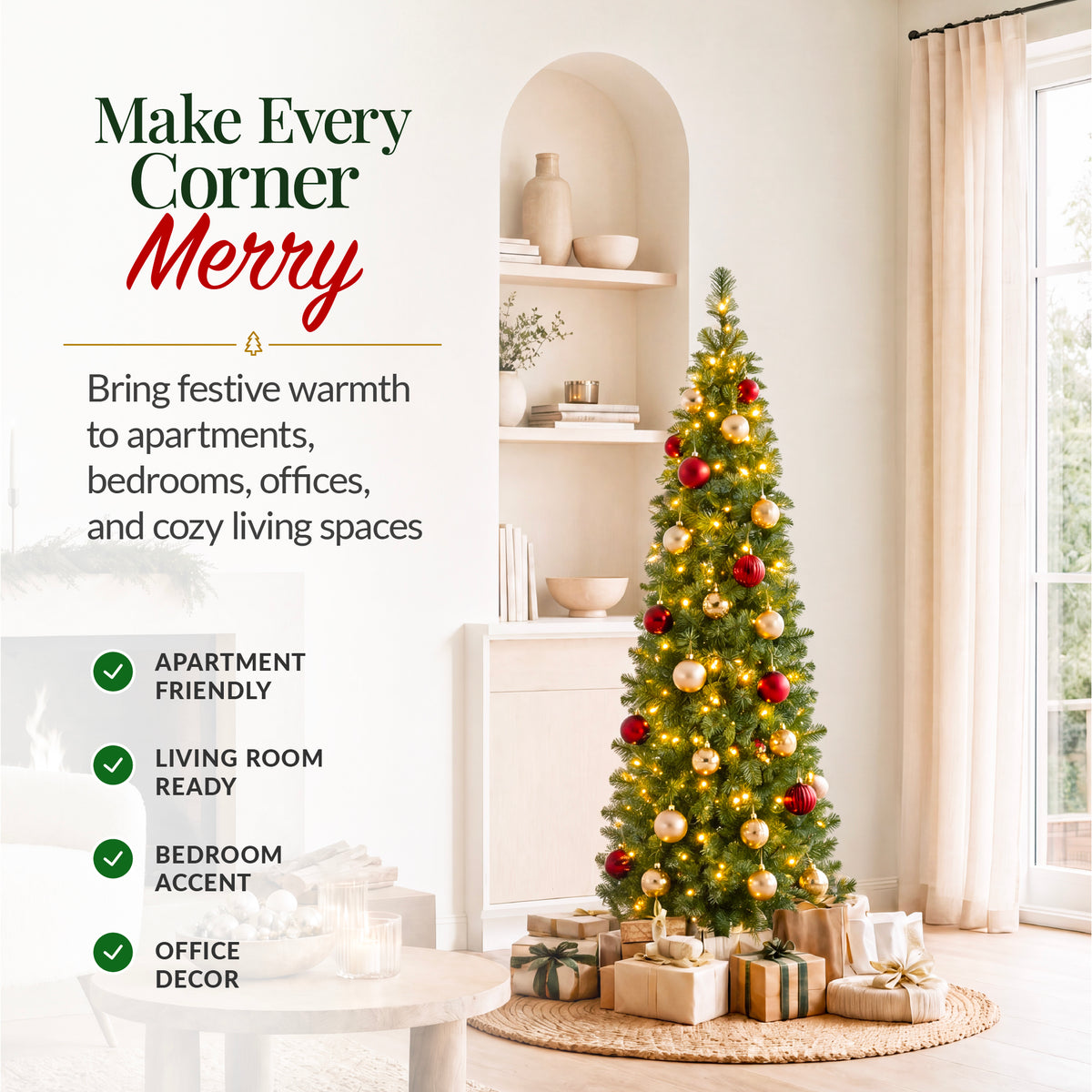 Artificial Christmas Tree, Slim Pre-lit Spruce Realistic w/ Base