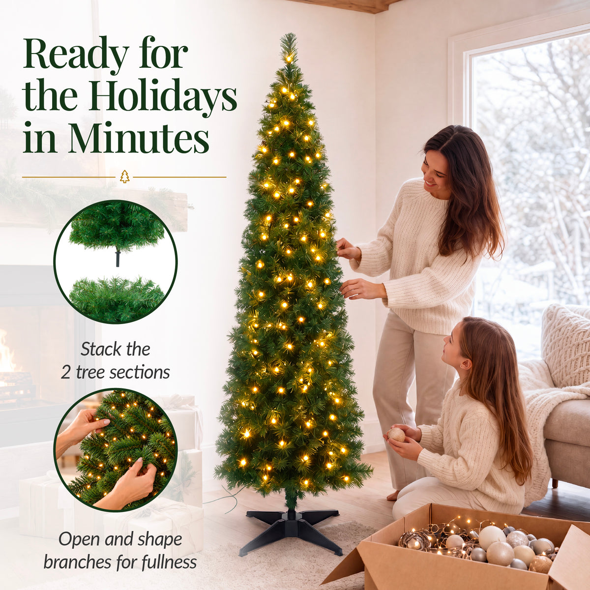 Artificial Christmas Tree, Slim Pre-lit Spruce Realistic w/ Base