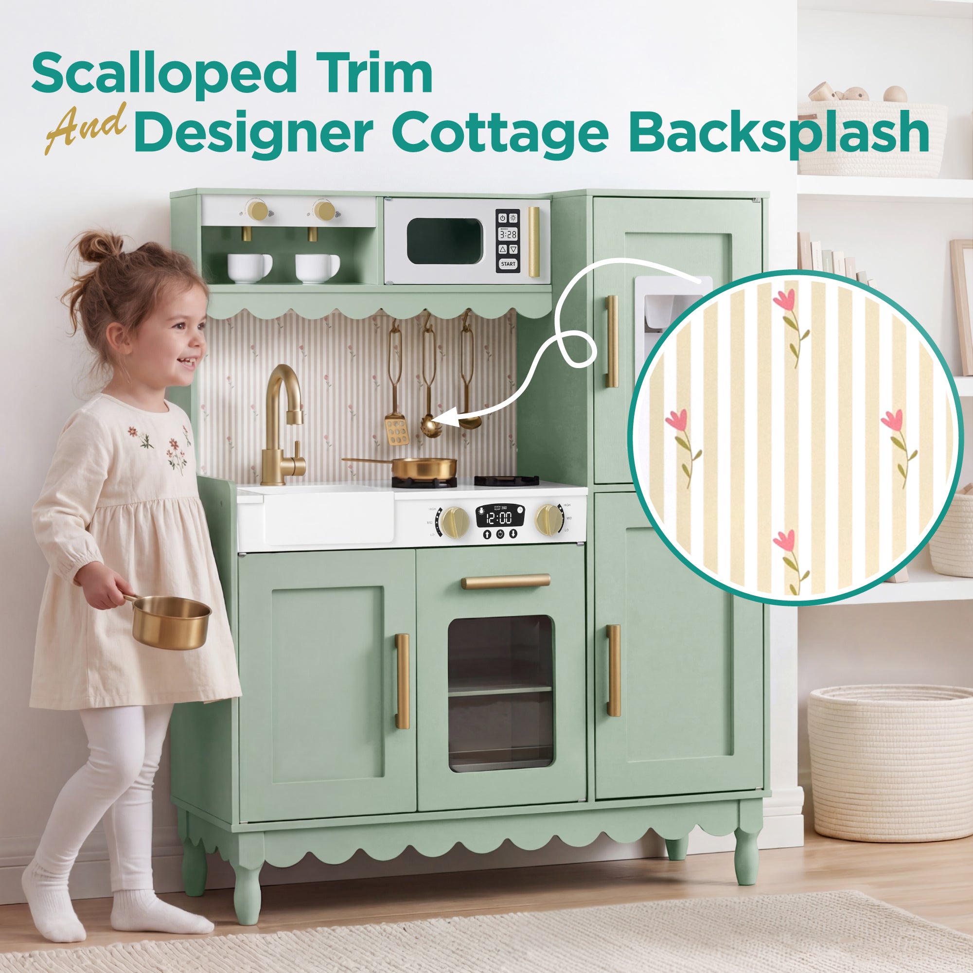 Kids Pretend Play Cottage Kitchen with 11 Accessories, Espresso Machine