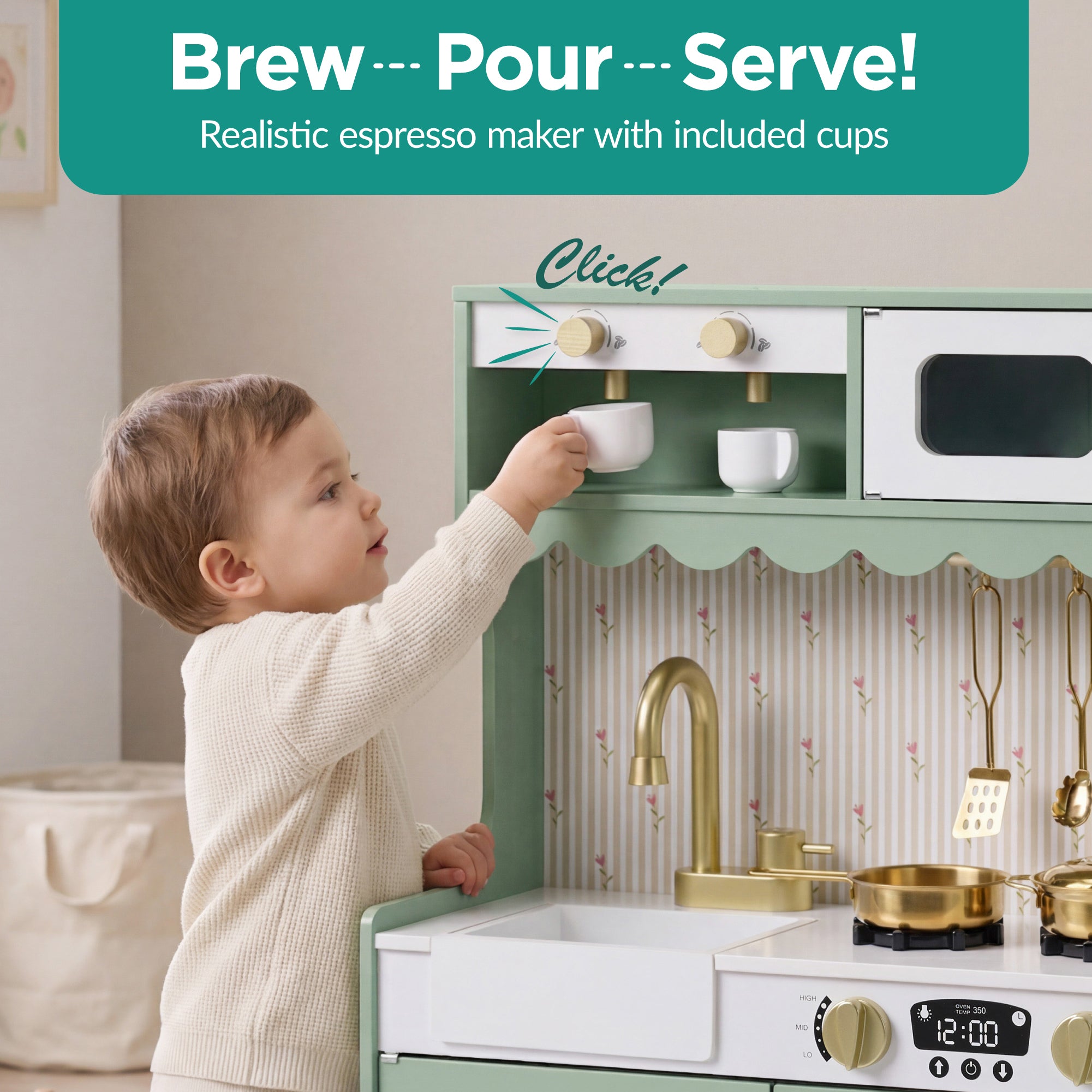 Kids Pretend Play Cottage Kitchen with 11 Accessories, Espresso Machine