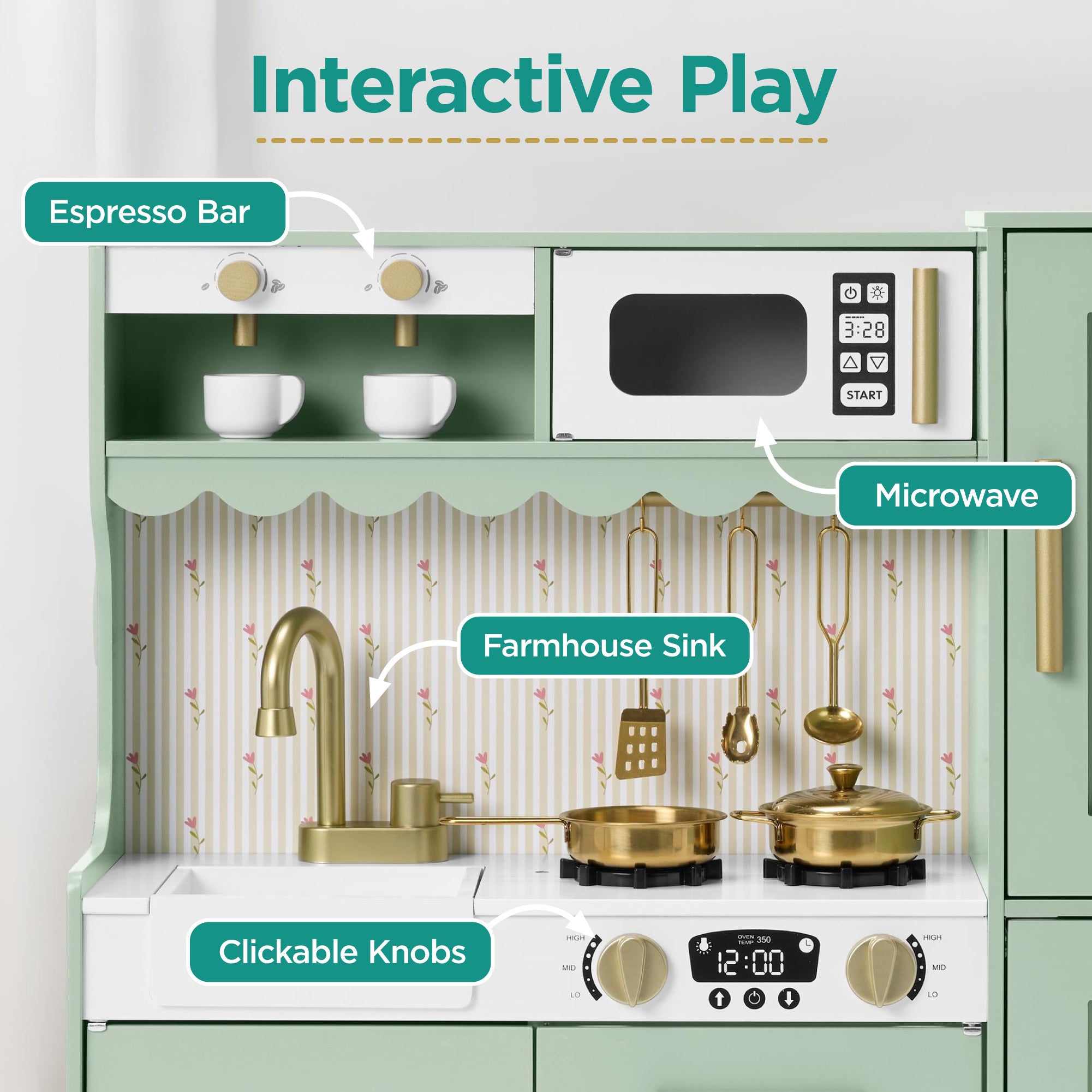 Kids Pretend Play Cottage Kitchen with 11 Accessories, Espresso Machine