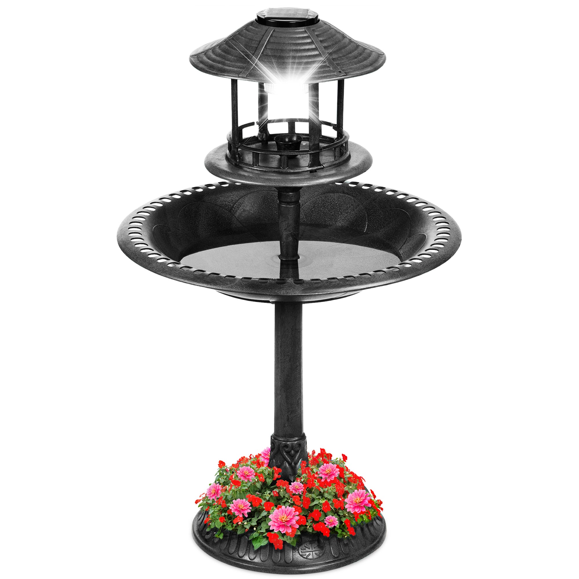 Solar Lighted Outdoor Pedestal Bird Bath w/ Planter, Decorative Bird Cage