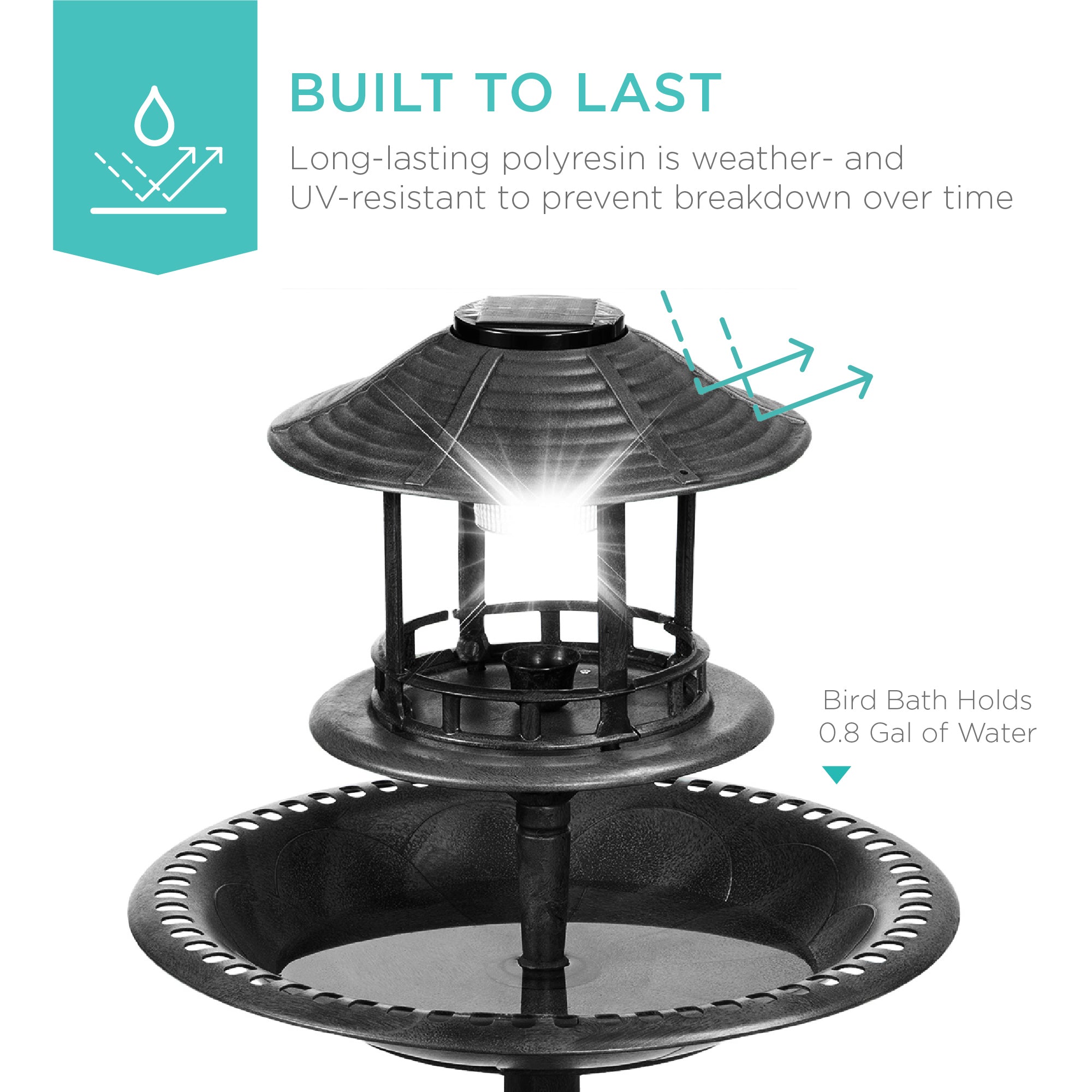 Solar Lighted Outdoor Pedestal Bird Bath w/ Planter, Decorative Bird Cage
