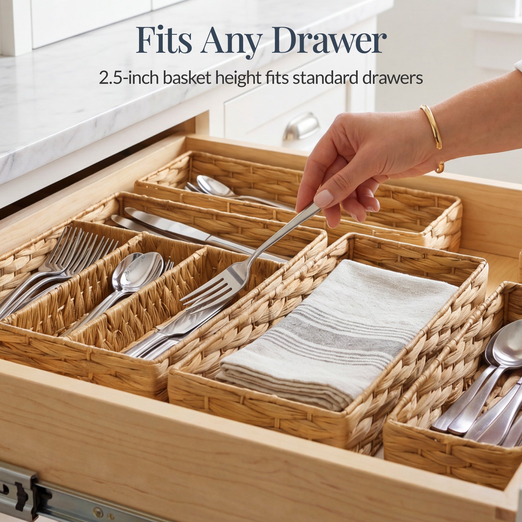 5PC Flatware Organizer Set, Woven Modular Silverware & Utensil Drawer Trays