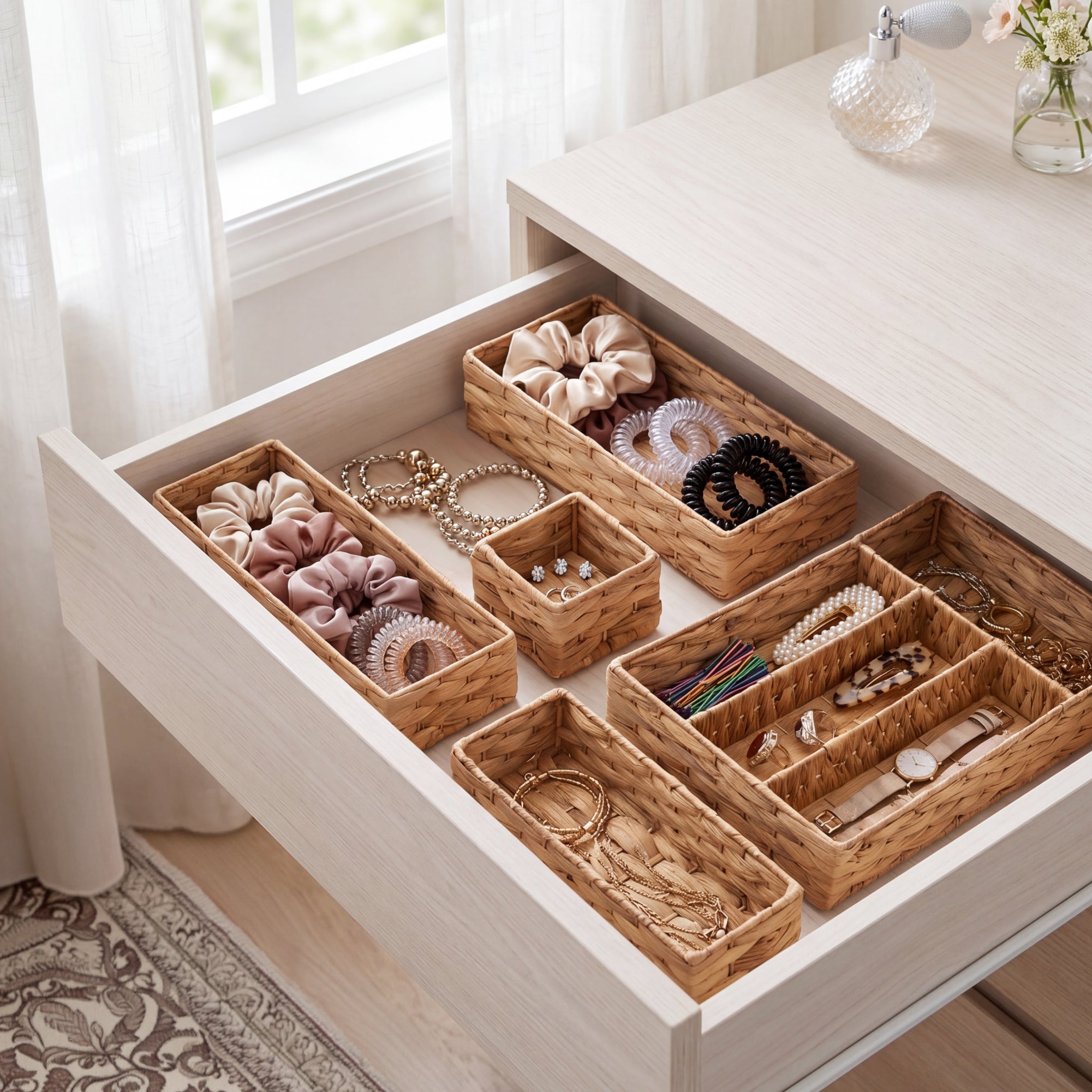5PC Flatware Organizer Set, Woven Modular Silverware & Utensil Drawer Trays