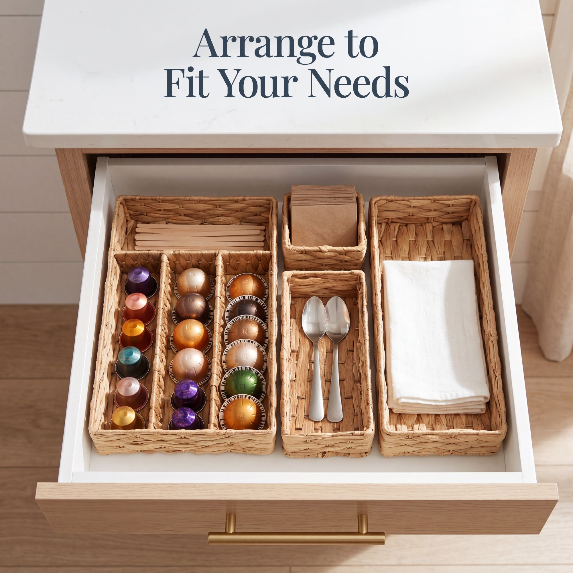 5PC Flatware Organizer Set, Woven Modular Silverware & Utensil Drawer Trays