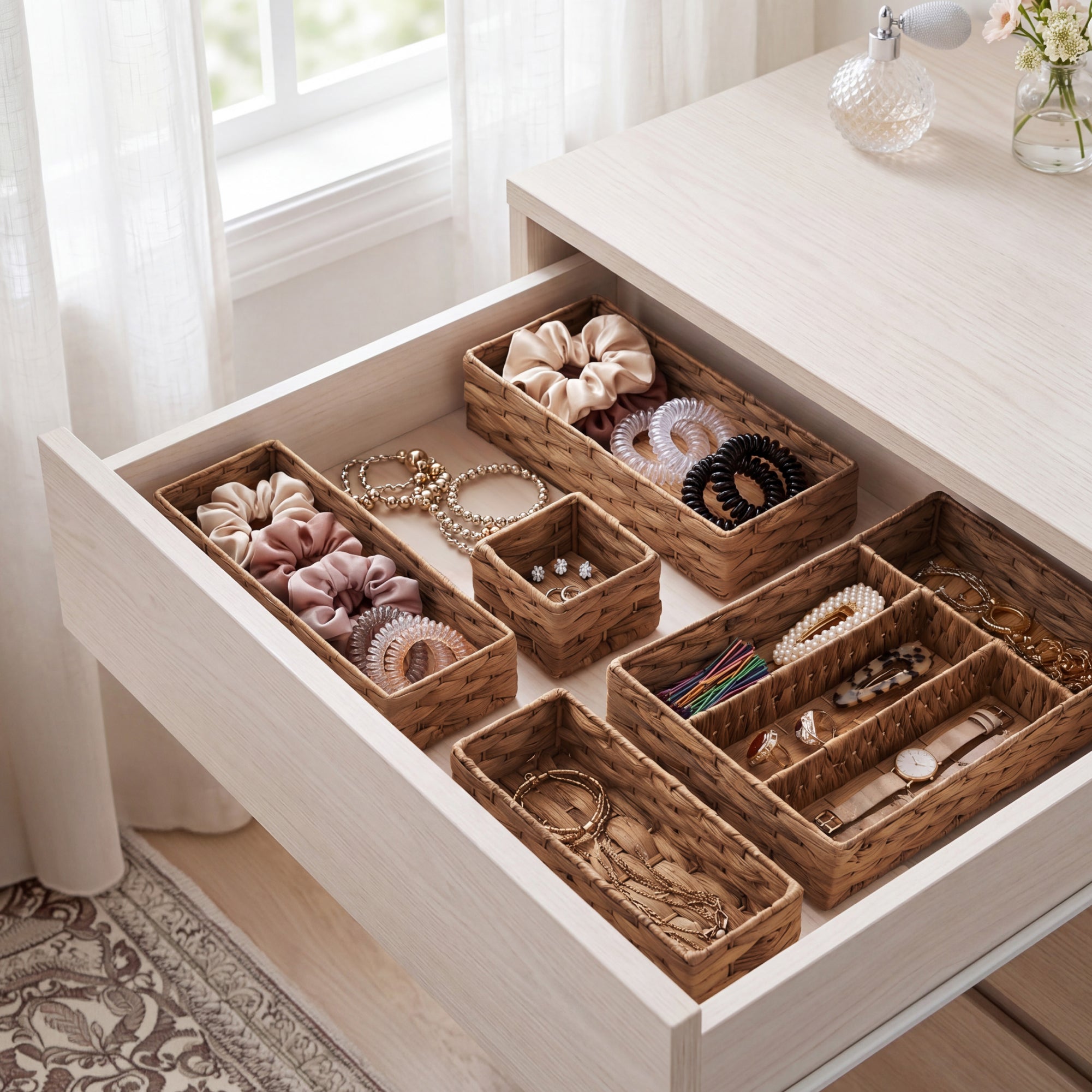 5PC Flatware Organizer Set, Woven Modular Silverware & Utensil Drawer Trays