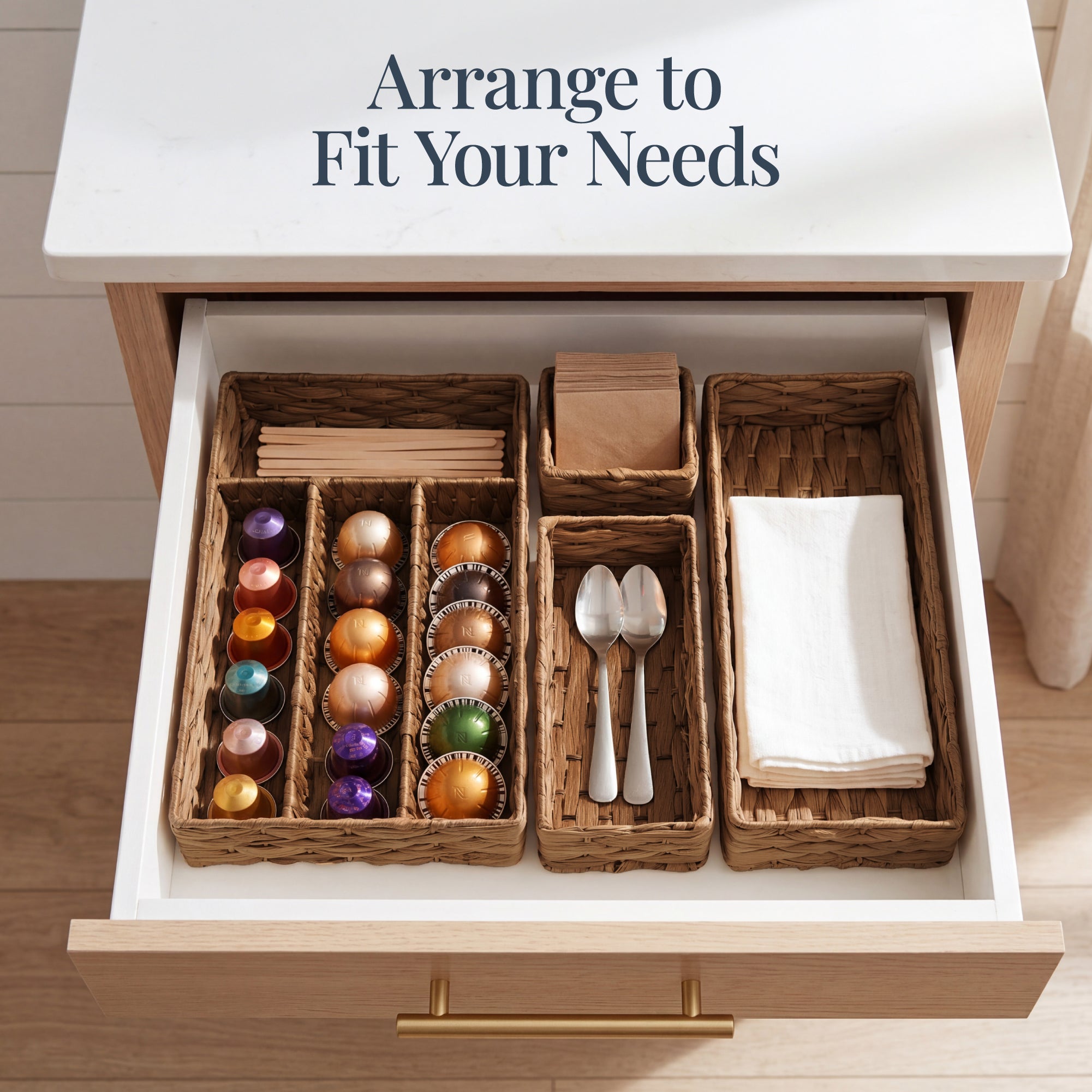 5PC Flatware Organizer Set, Woven Modular Silverware & Utensil Drawer Trays