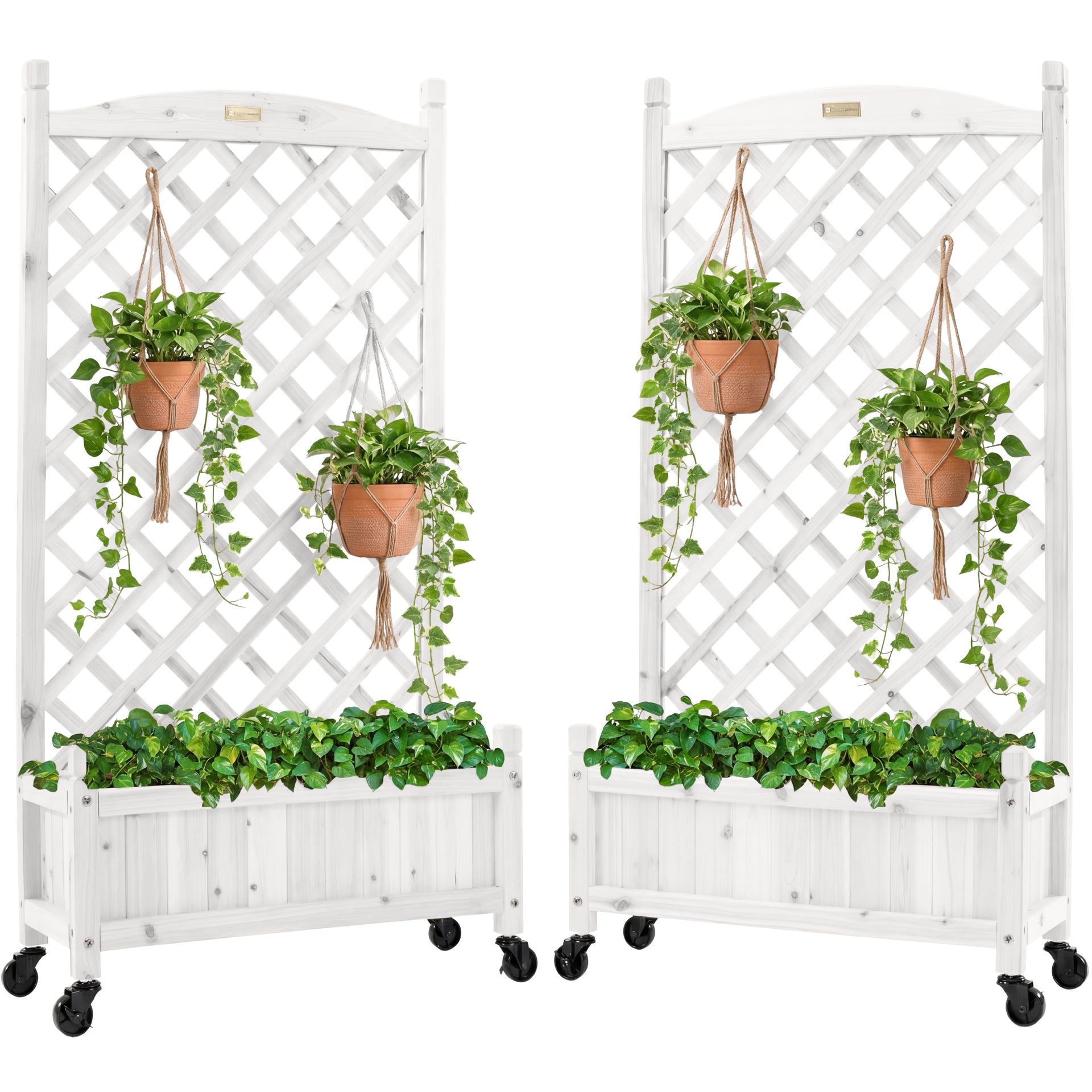 Set of 2 Wood Planter Box & Lattice Trellis w/ Optional Wheels