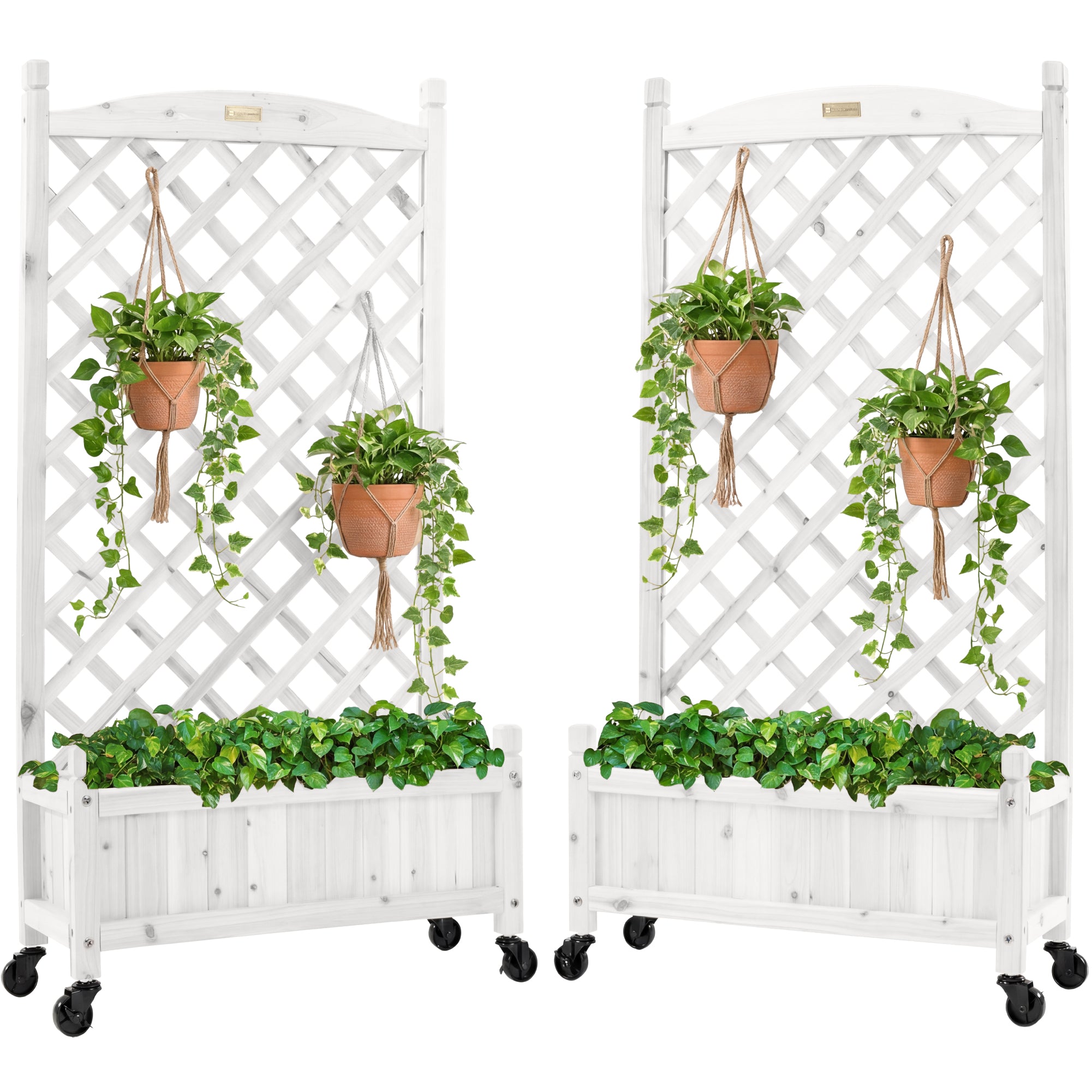 Set of 2 Wood Planter Box & Lattice Trellis w/ Optional Wheels - 48in