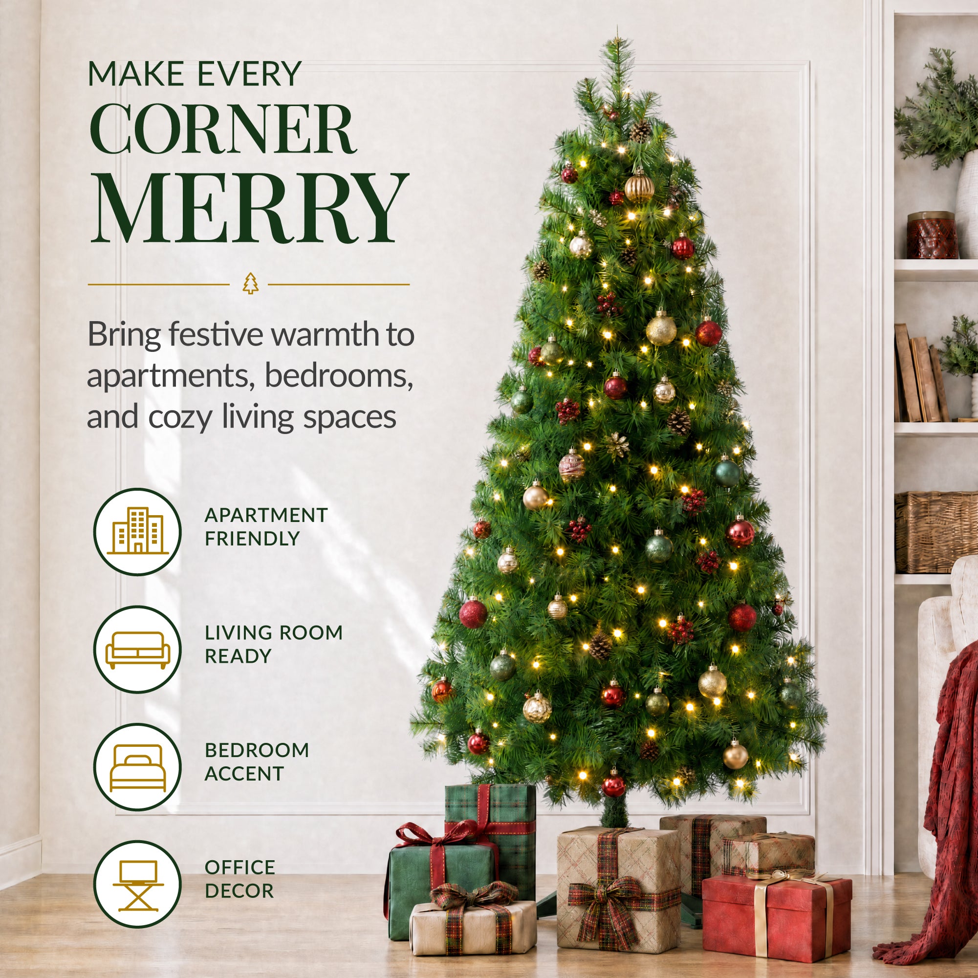 Artificial Christmas Tree, Slim Unlit Spruce Realistic w/ Base