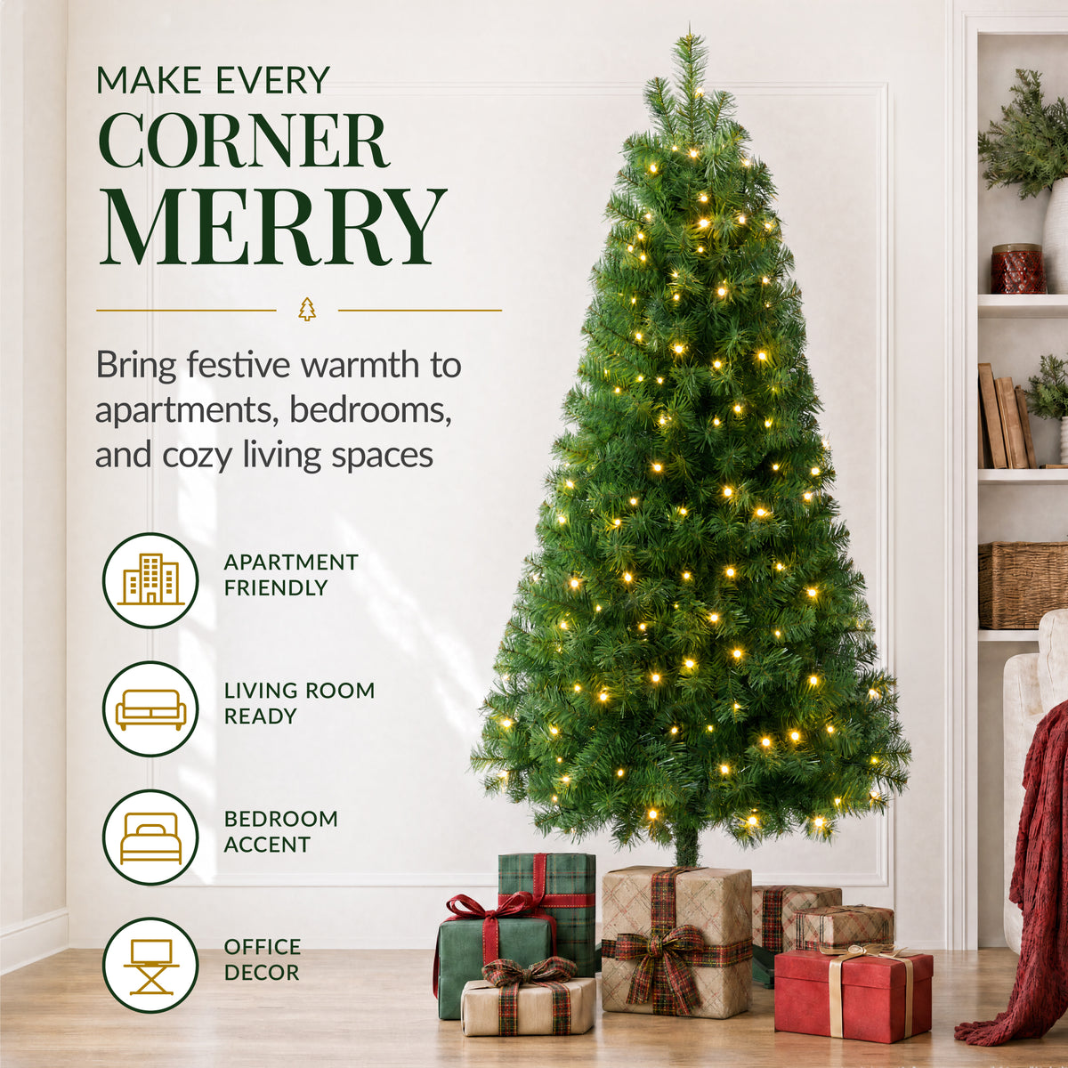 Artificial Christmas Tree, Slim Pre-lit Spruce Realistic w/ Base
